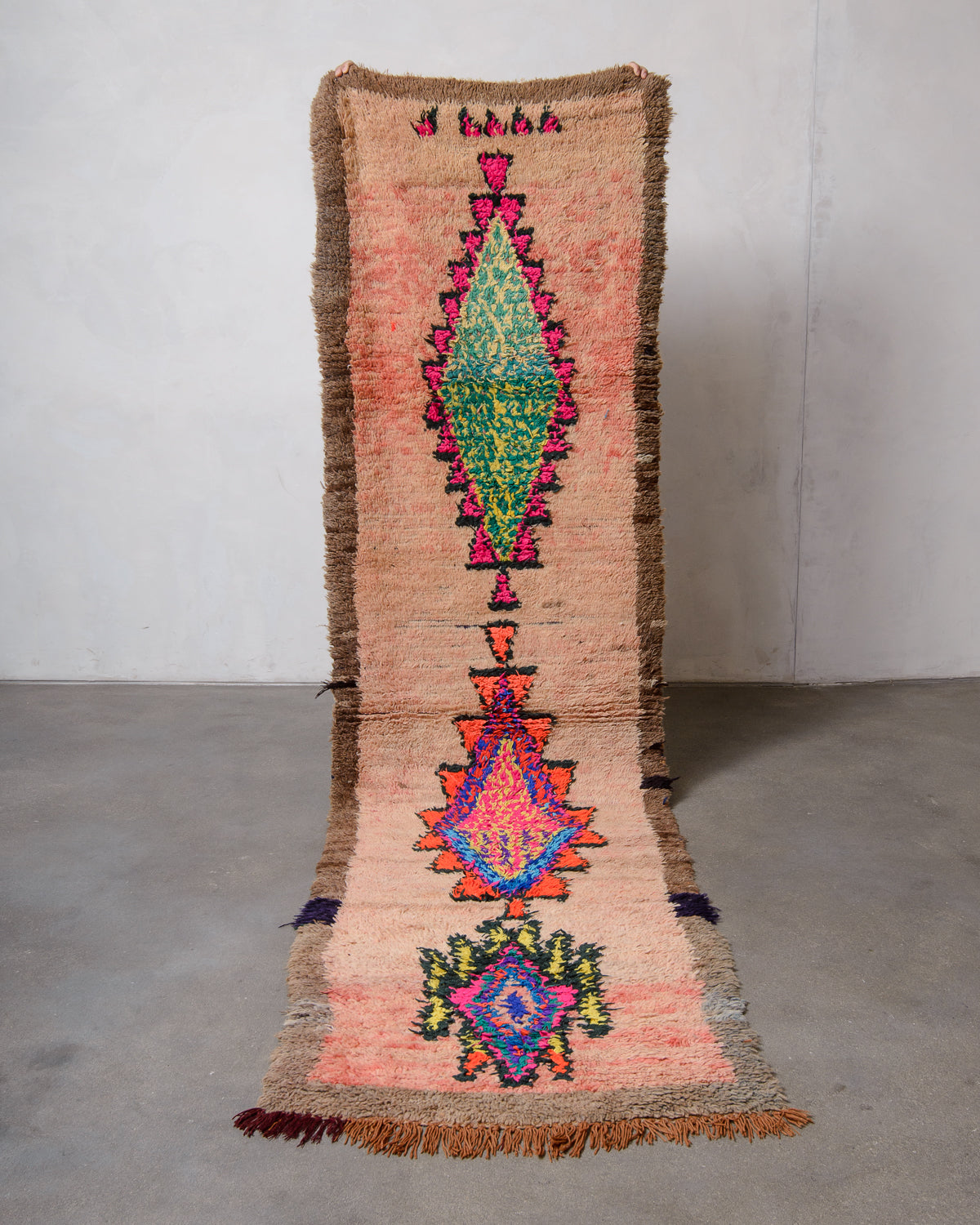 Modern, designer, handcrafted Berber runner rug from Morocco. Vintage carpet with beautiful colours and patterns and fluffy texture.