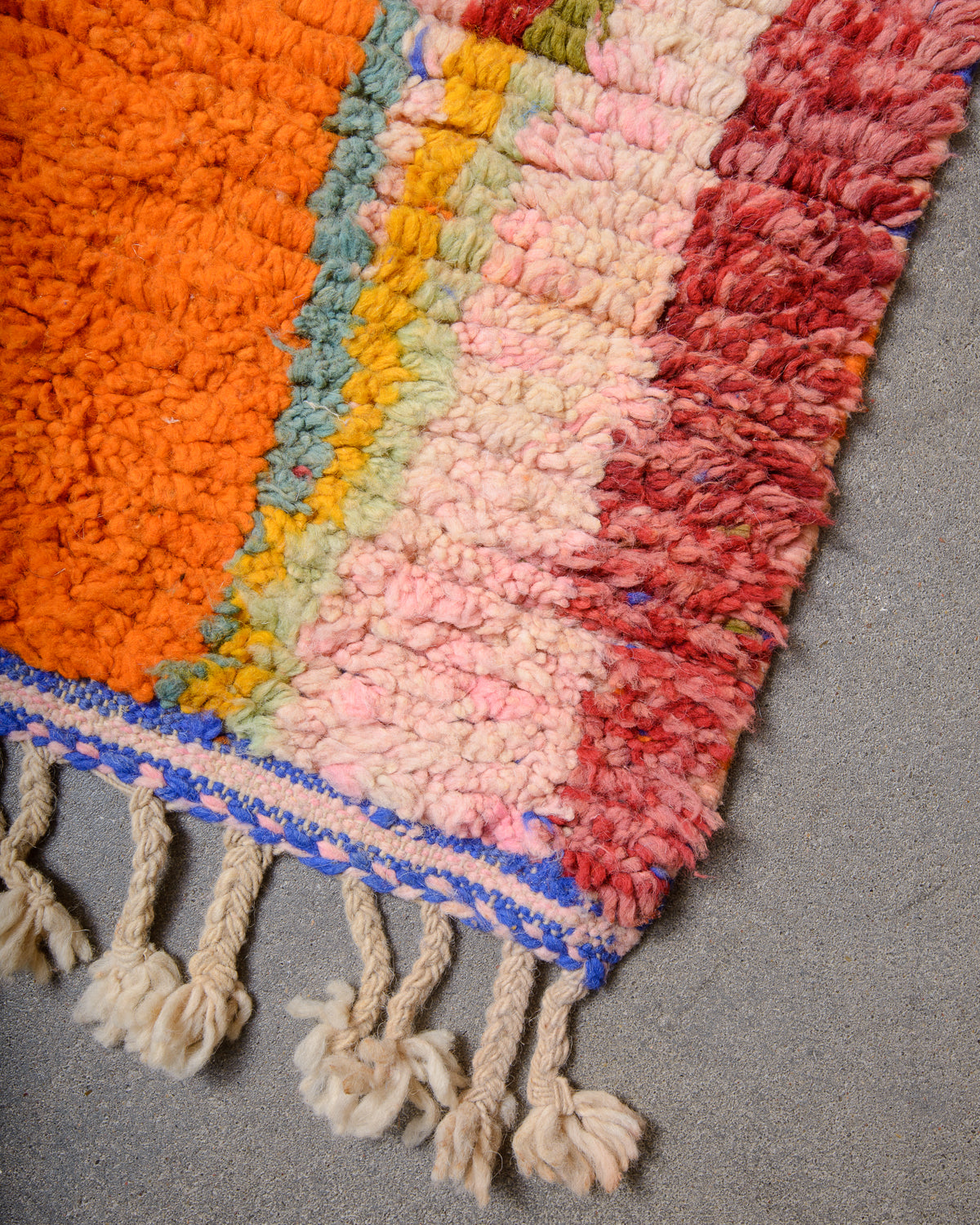 Modern, designer, handcrafted Berber runner rug from Morocco. Vintage carpet with beautiful colours and patterns and fluffy texture.