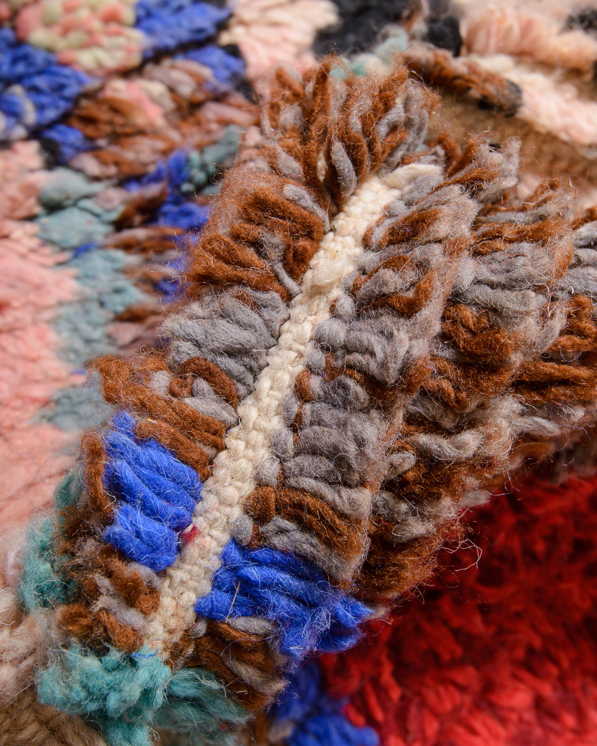 Modern, designer, handcrafted Berber runner rug from Morocco. Vintage carpet with beautiful colours and patterns and fluffy texture.