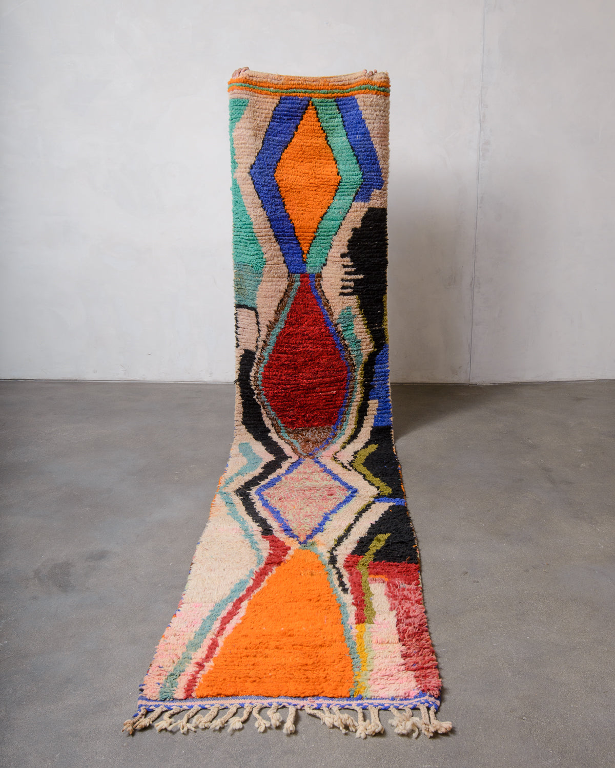 Modern, designer, handcrafted Berber runner rug from Morocco. Vintage carpet with beautiful colours and patterns and fluffy texture.