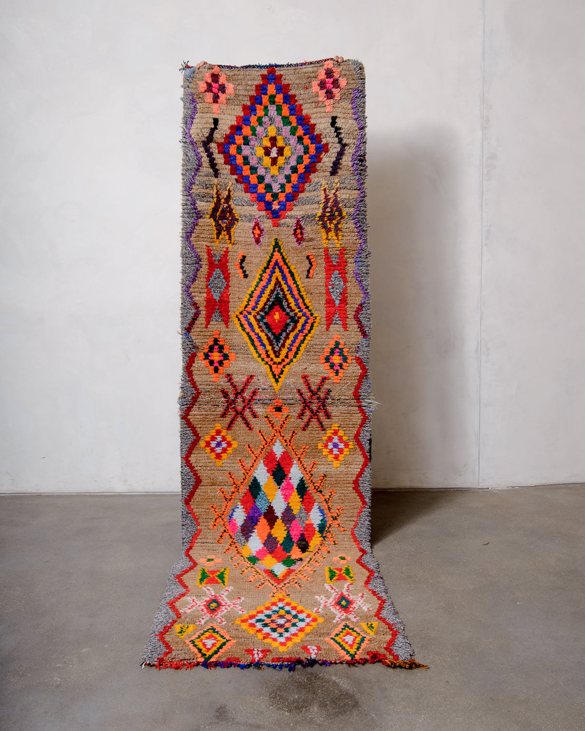 Modern, designer, handcrafted Berber runner rug from Morocco. Vintage carpet with beautiful colours and patterns and fluffy texture.