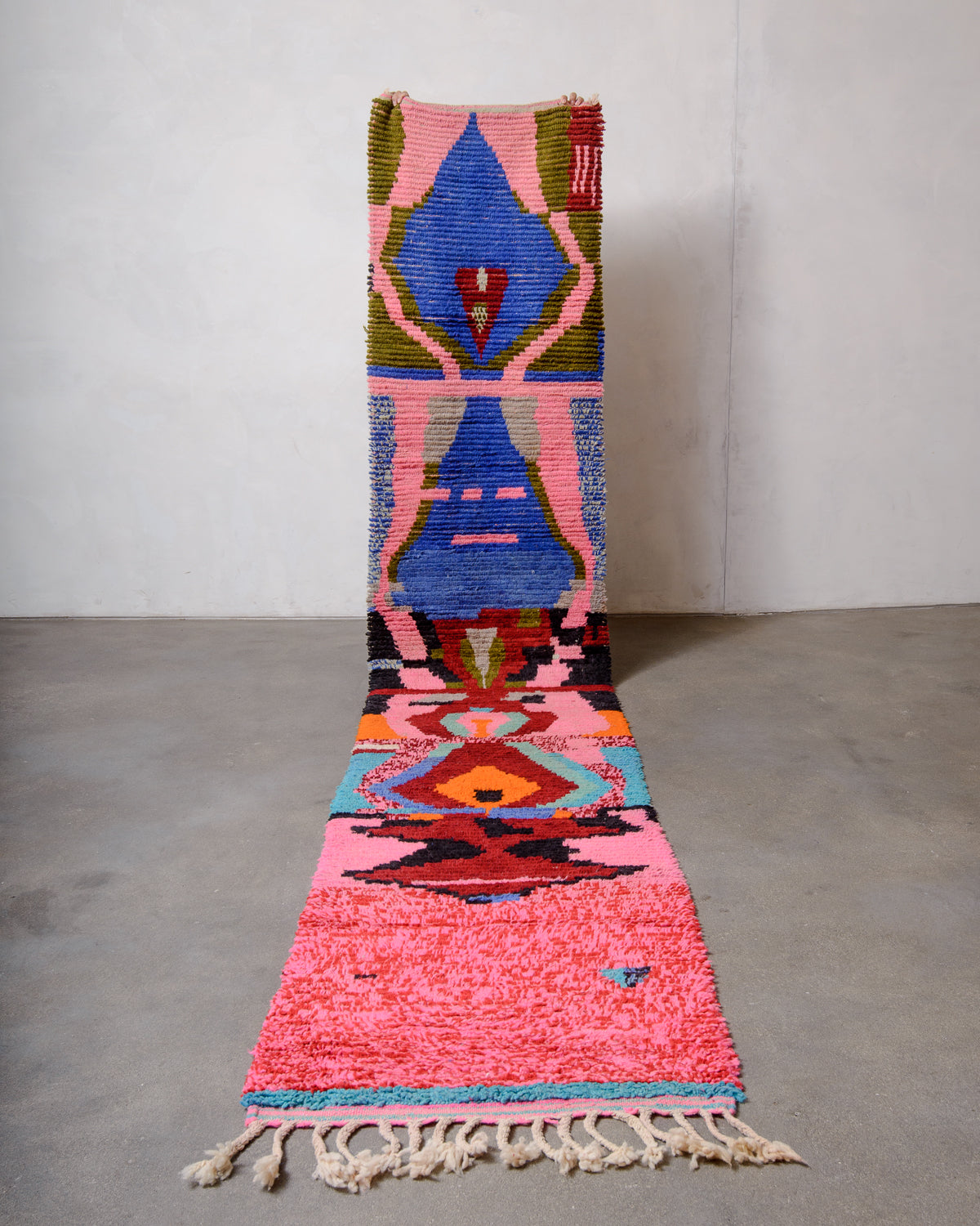 Modern, designer, handcrafted Berber runner rug from Morocco. Vintage carpet with beautiful colours and patterns and fluffy texture.