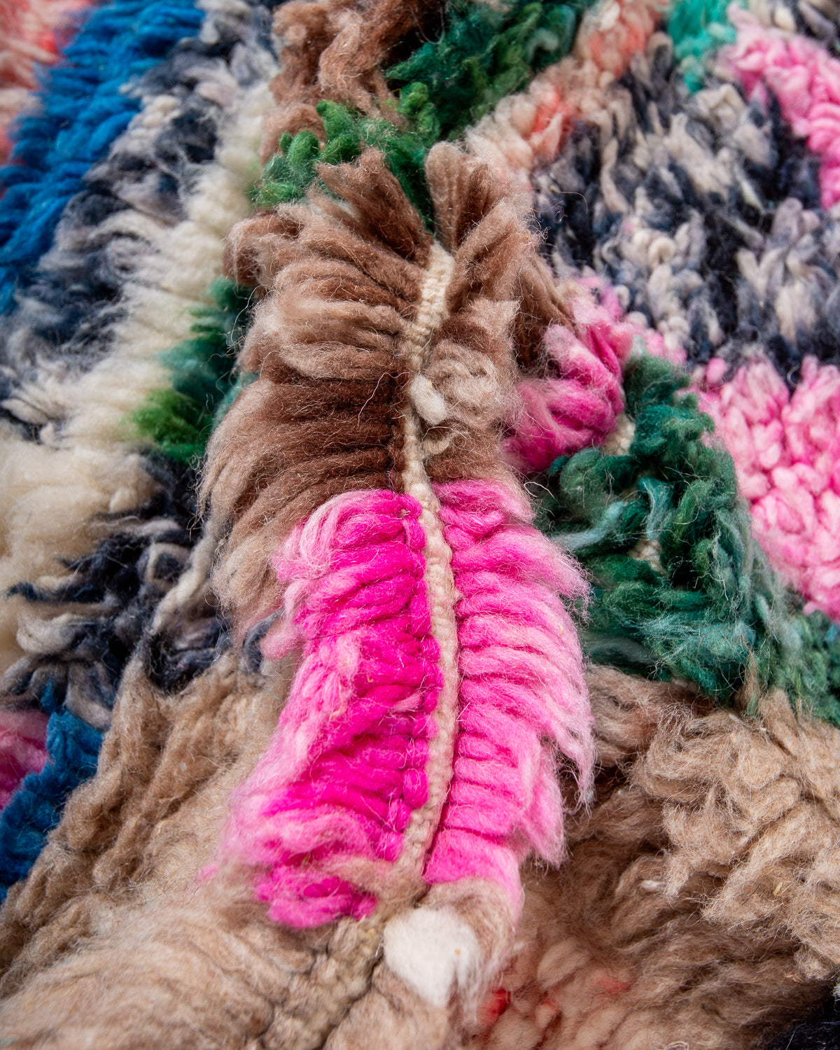 Modern, designer, handcrafted Berber rug from Morocco. Vintage carpet with beautiful colours and patterns and fluffy texture.