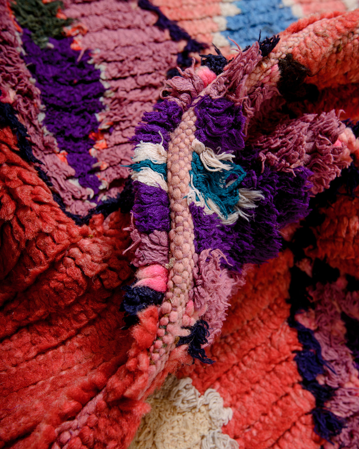 Modern, designer, handcrafted Berber runner rug from Morocco. Vintage carpet with beautiful colours and patterns and fluffy texture.