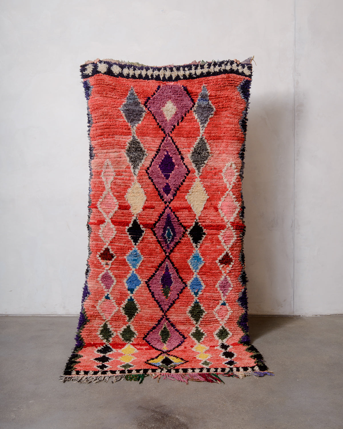 Modern, designer, handcrafted Berber runner rug from Morocco. Vintage carpet with beautiful colours and patterns and fluffy texture.