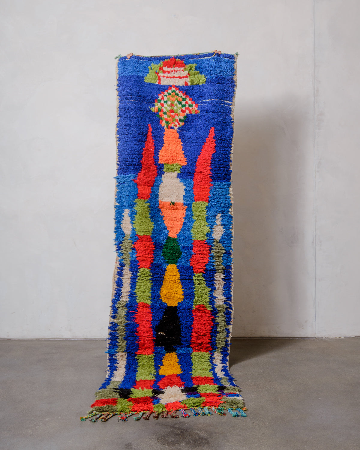 Modern, designer, handcrafted Berber runner rug from Morocco. Vintage carpet with beautiful colours and patterns and fluffy texture.