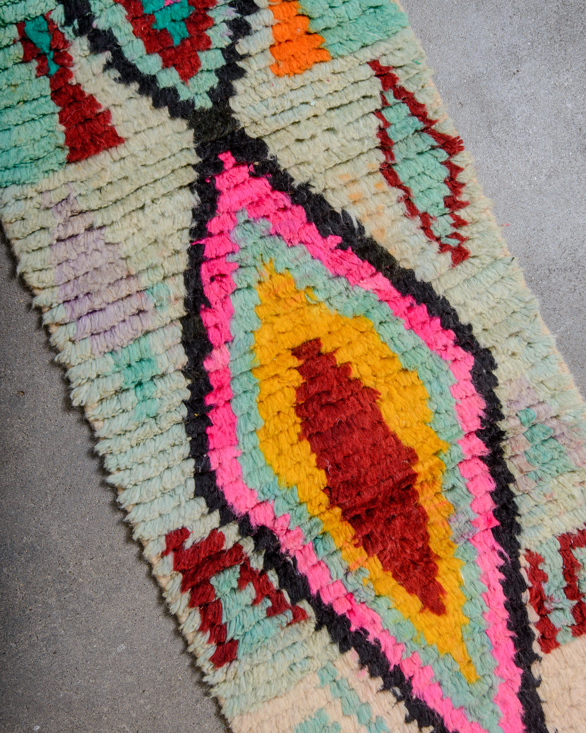 Modern, designer, handcrafted Berber runner rug from Morocco. Vintage carpet with beautiful colours and patterns and fluffy texture.