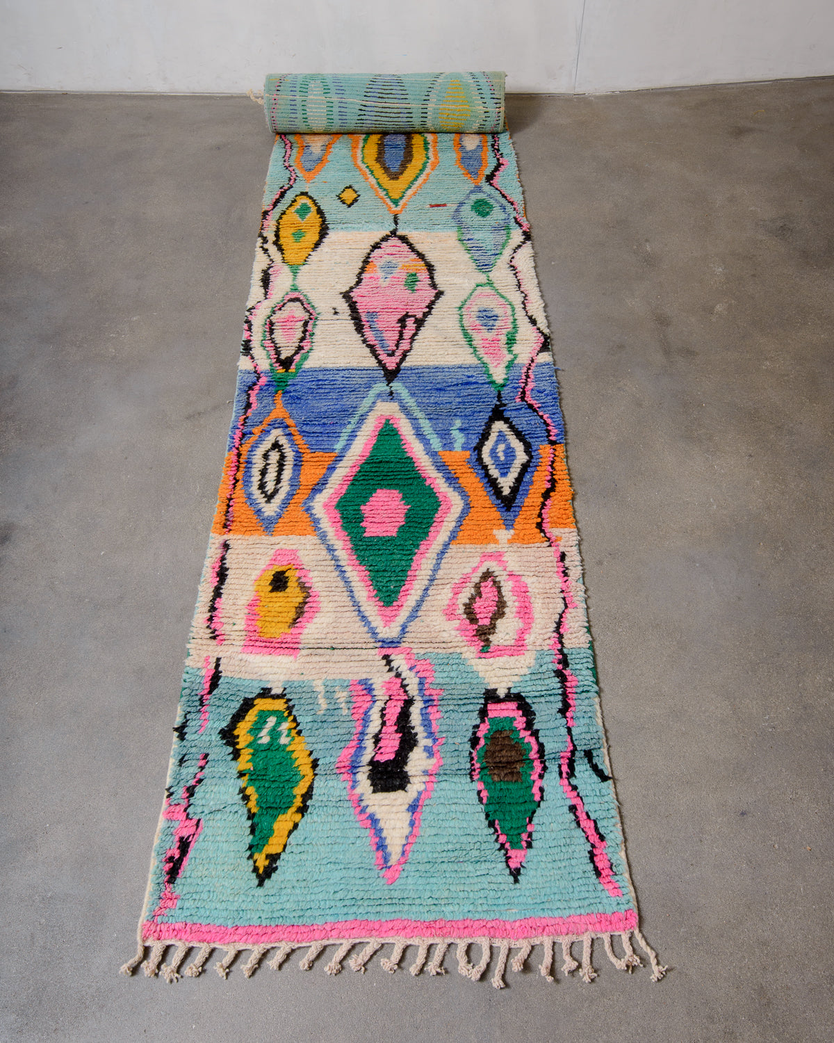 Modern, designer, handcrafted Berber runner rug from Morocco. Vintage carpet with beautiful colours and patterns and fluffy texture.