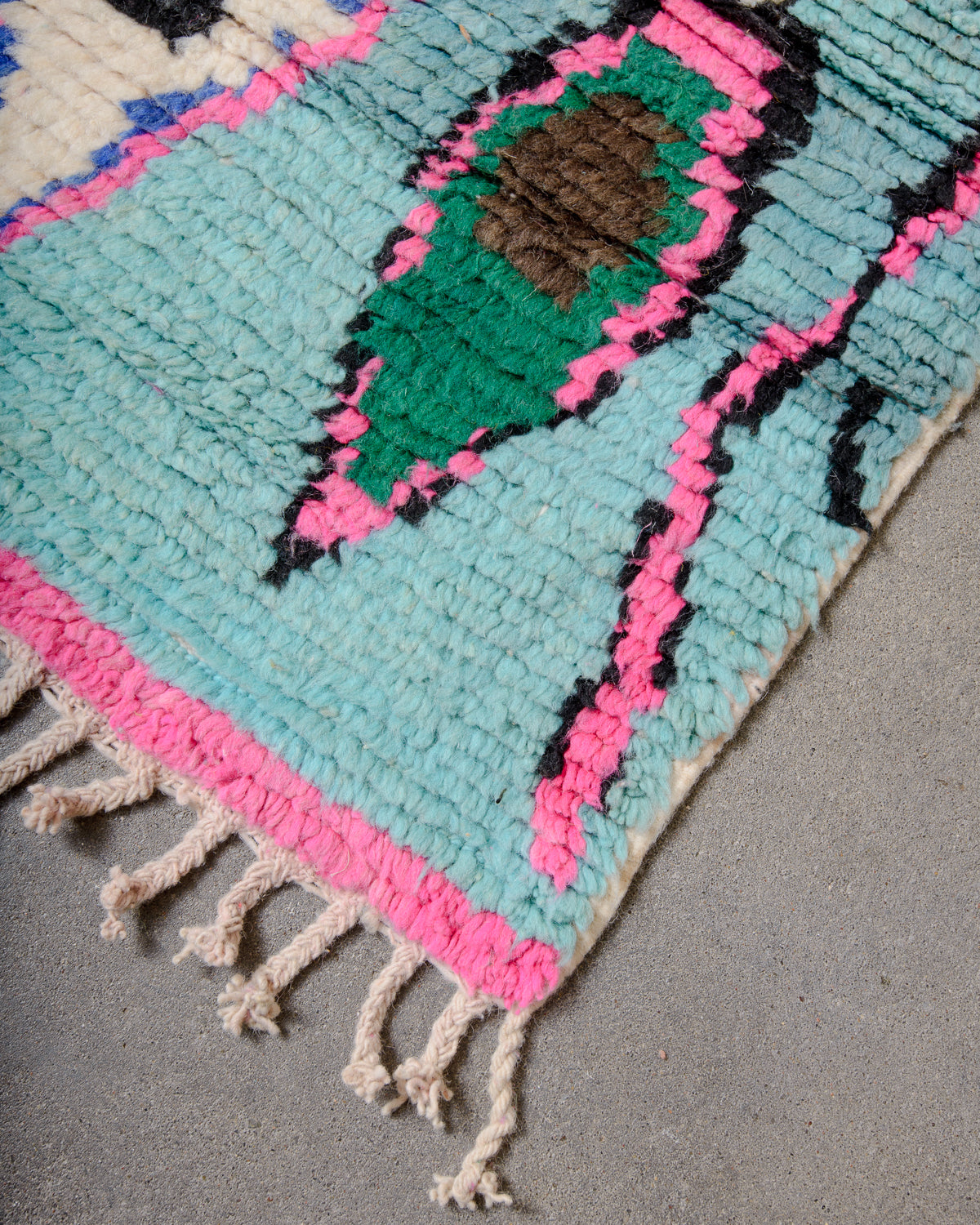 Modern, designer, handcrafted Berber runner rug from Morocco. Vintage carpet with beautiful colours and patterns and fluffy texture.