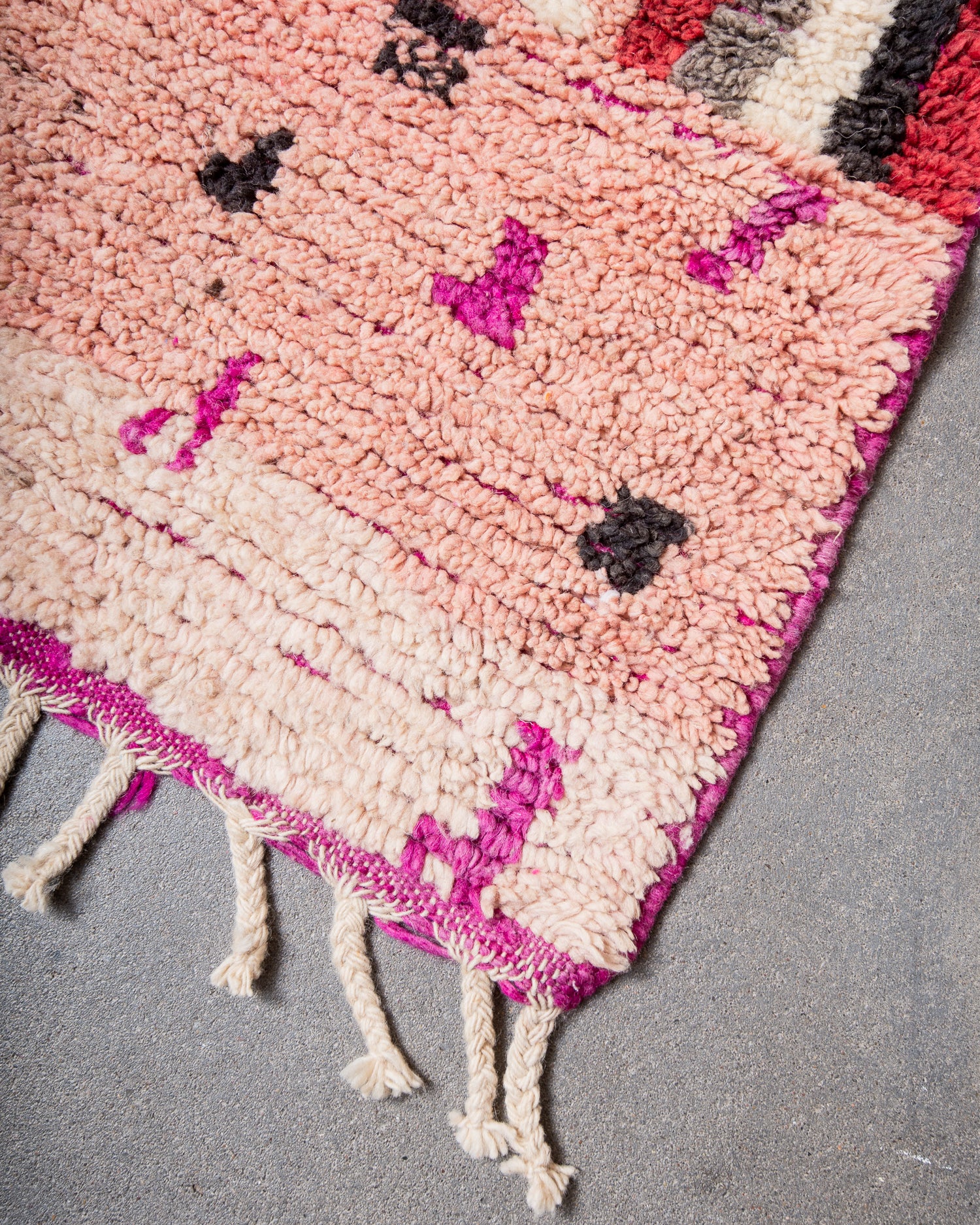 Modern, designer, handcrafted Berber runner rug from Morocco. Vintage carpet with beautiful colours and patterns and fluffy texture.