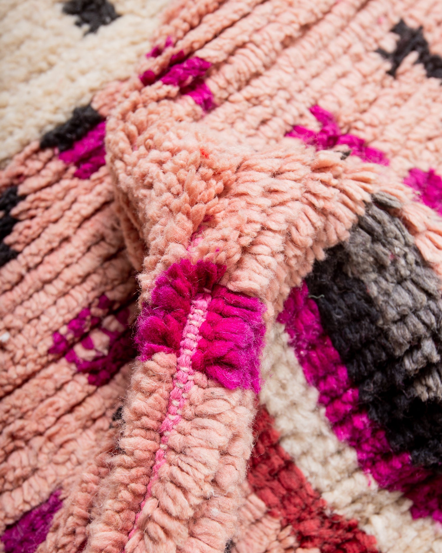 Modern, designer, handcrafted Berber runner rug from Morocco. Vintage carpet with beautiful colours and patterns and fluffy texture.