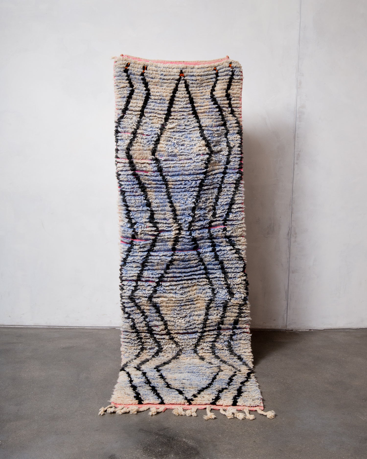 Modern, designer, handcrafted Berber runner rug from Morocco. Vintage carpet with beautiful colours and patterns and fluffy texture.