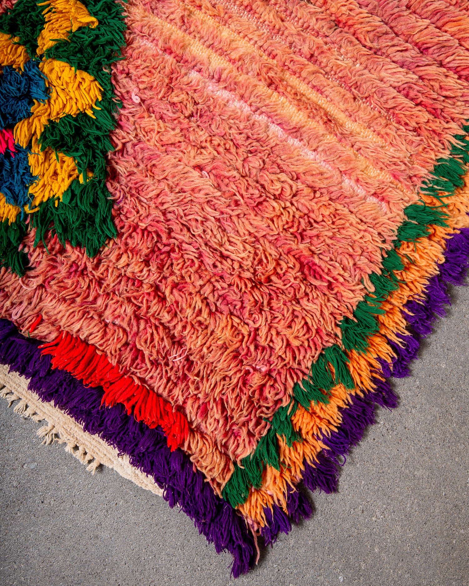 Modern, designer, handcrafted Berber runner rug from Morocco. Vintage carpet with beautiful colours and patterns and fluffy texture.