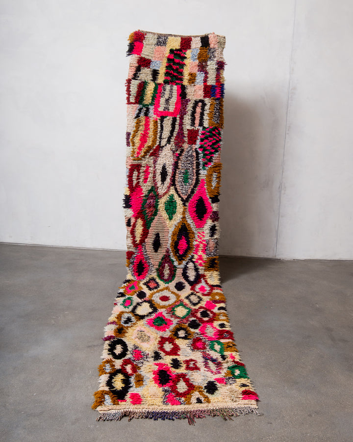 Modern, designer, handcrafted Berber runner rug from Morocco. Vintage carpet with beautiful colours and patterns and fluffy texture.