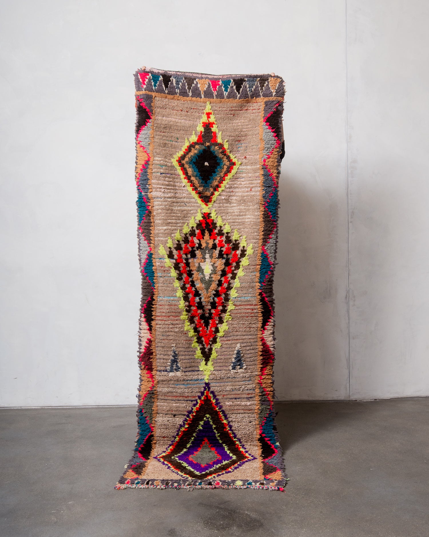 Modern, designer, handcrafted Berber runner rug from Morocco. Vintage carpet with beautiful colours and patterns and fluffy texture.