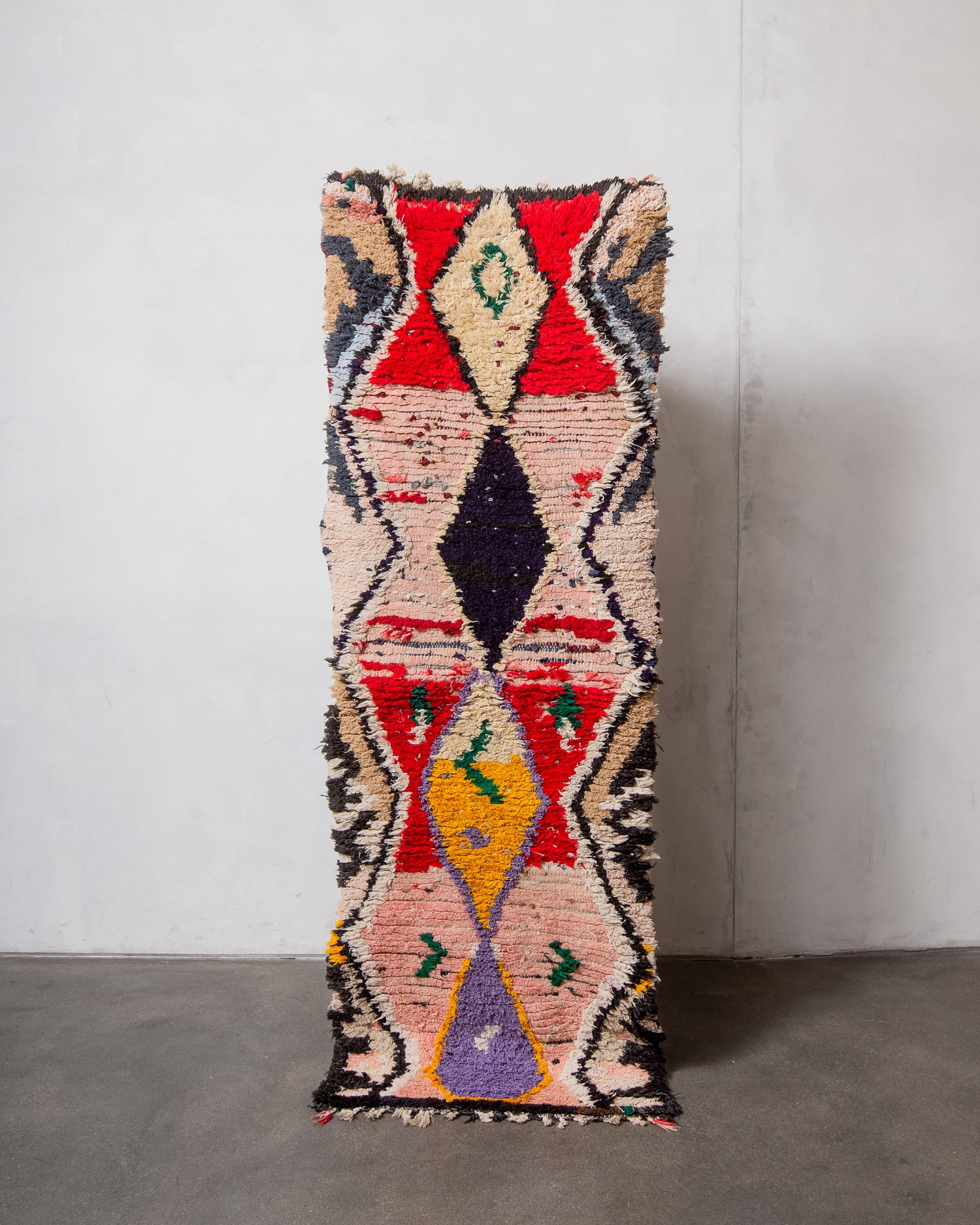 Modern, designer, handcrafted Berber runner rug from Morocco. Vintage carpet with beautiful colours and patterns and fluffy texture.