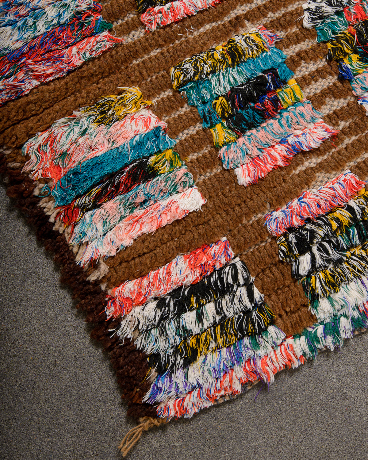 Modern, designer, handcrafted Berber runner rug from Morocco. Beniourain carpet with beautiful colours and patterns and fluffy wool texture.