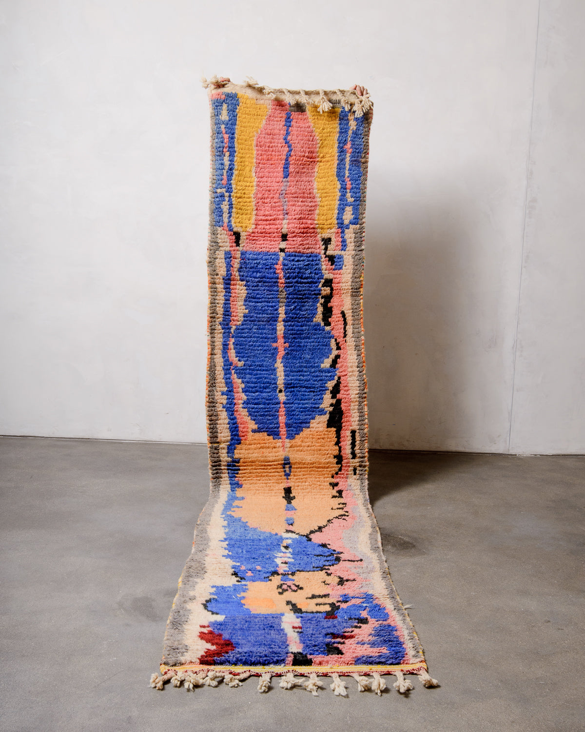 Modern, designer, handcrafted Berber runner rug from Morocco. Vintage carpet with beautiful colours and patterns and fluffy texture.