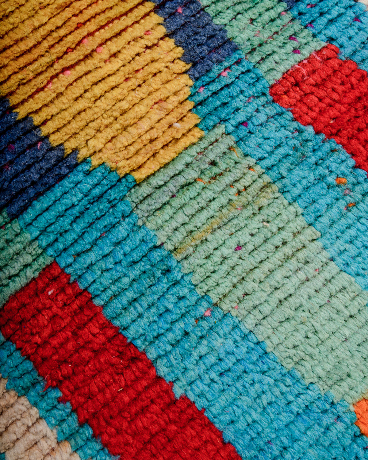 Modern, designer, handcrafted Berber runner rug from Morocco. Vintage carpet with beautiful colours and patterns and fluffy texture.