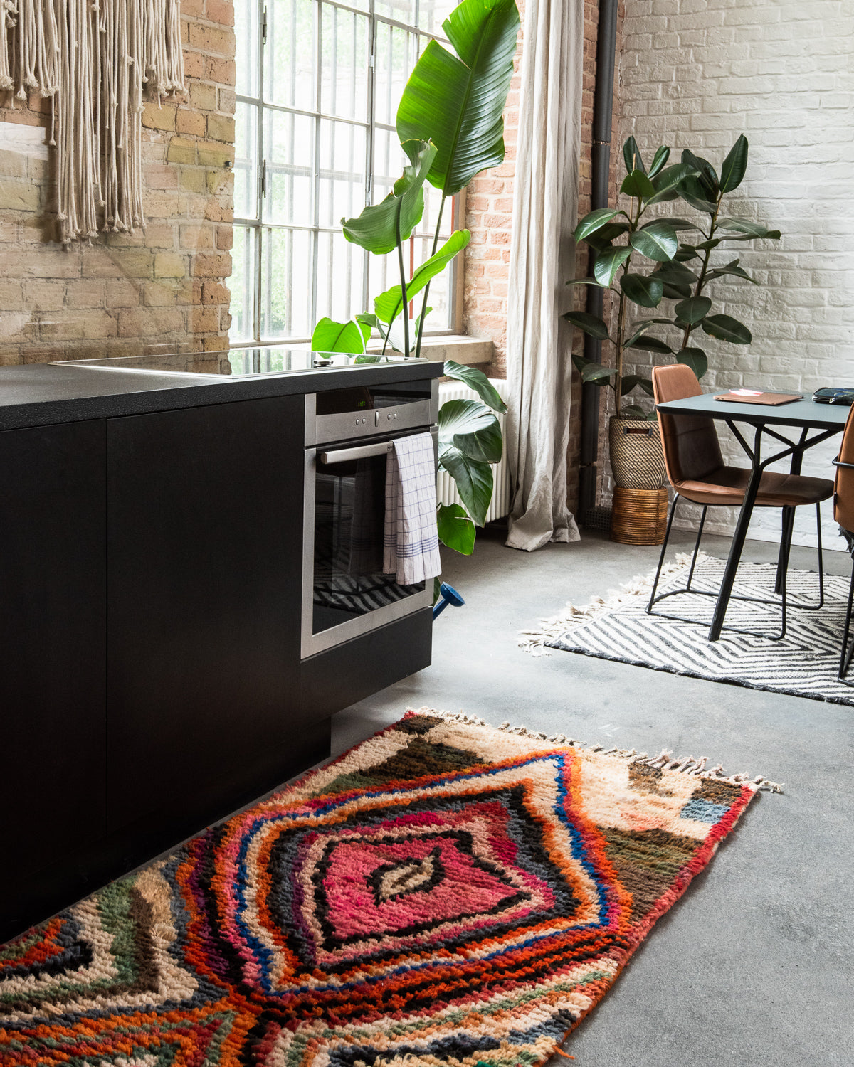 Modern, designer, handcrafted Berber runner rug from Morocco. Vintage carpet with beautiful colours and patterns and fluffy texture.
