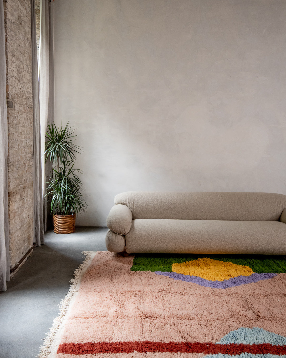 Modern, designer, handcrafted Berber rug from Morocco. Beniourain carpet with beautiful colours and patterns and fluffy wool texture.