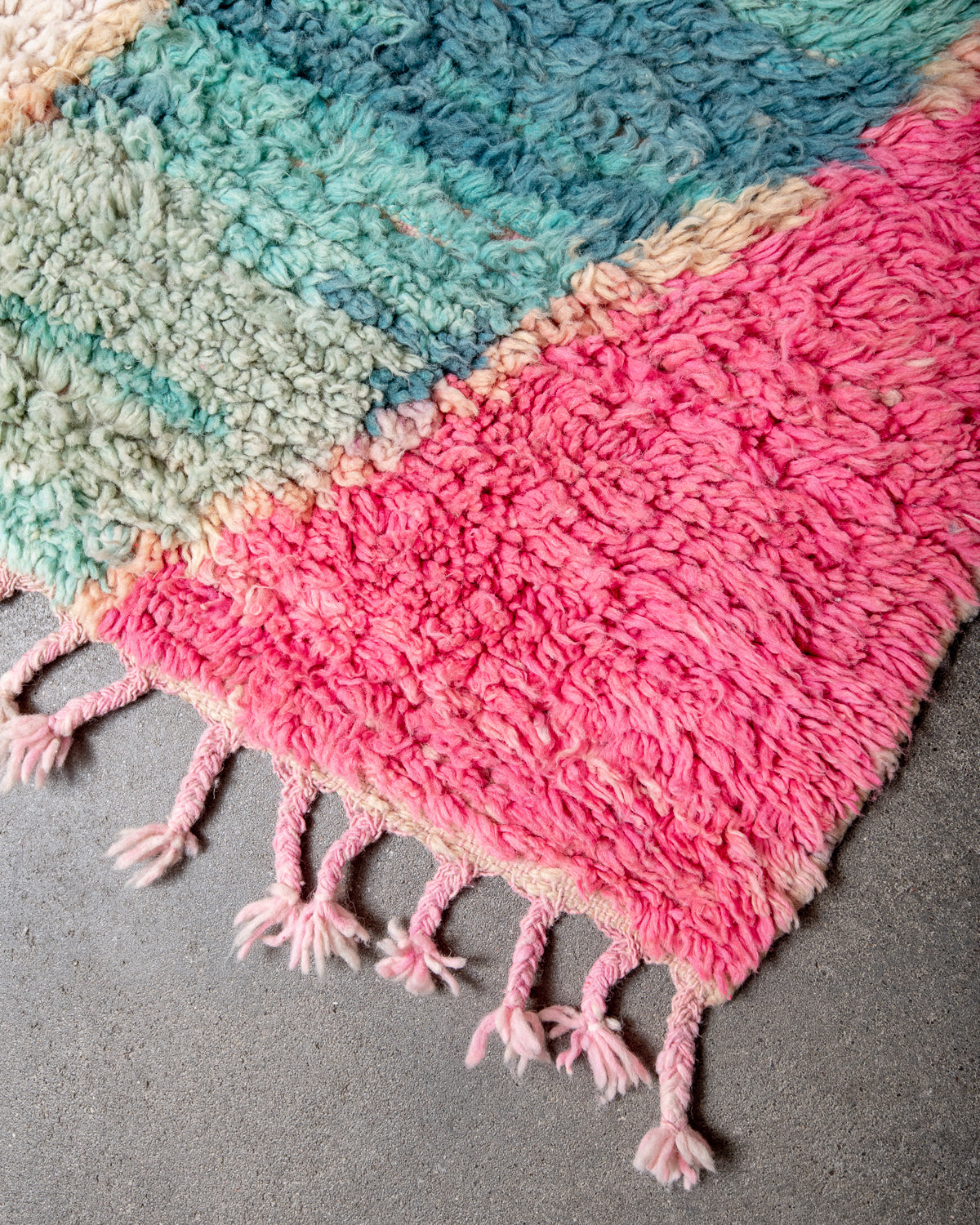 Modern, designer, handcrafted Berber rug from Morocco. Vintage carpet with beautiful colours and patterns and fluffy texture.