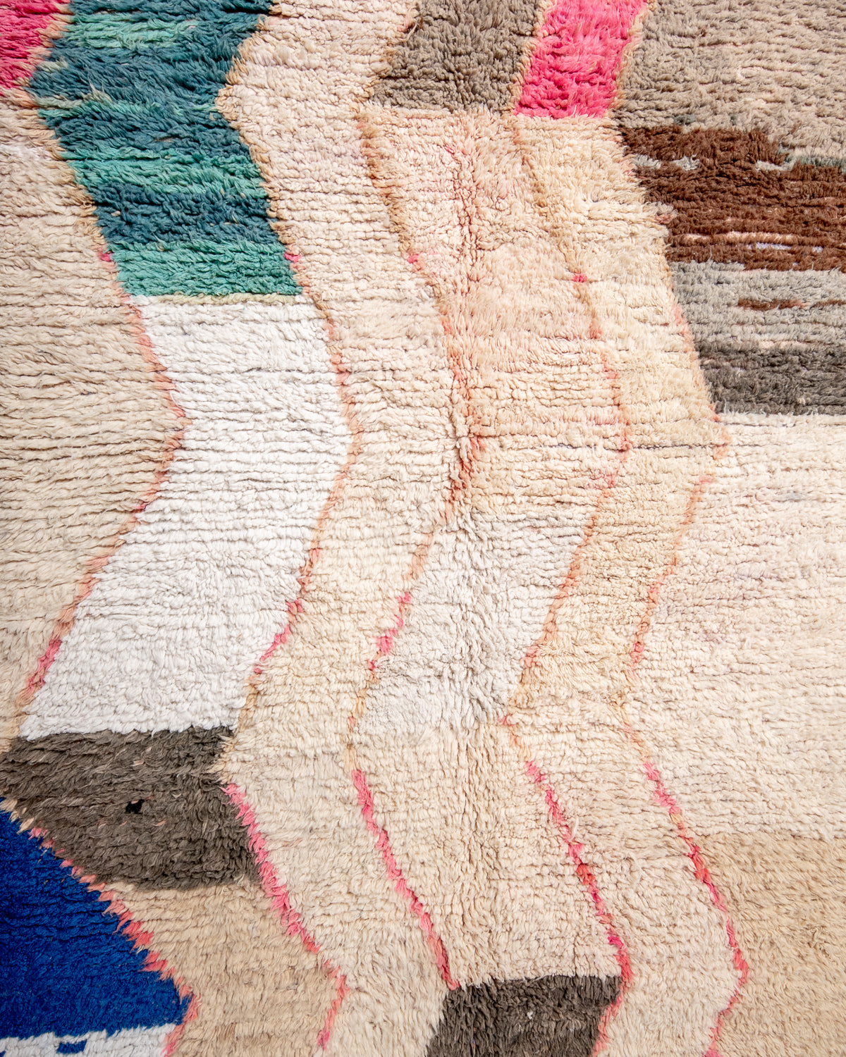 Modern, designer, handcrafted Berber rug from Morocco. Vintage carpet with beautiful colours and patterns and fluffy texture.