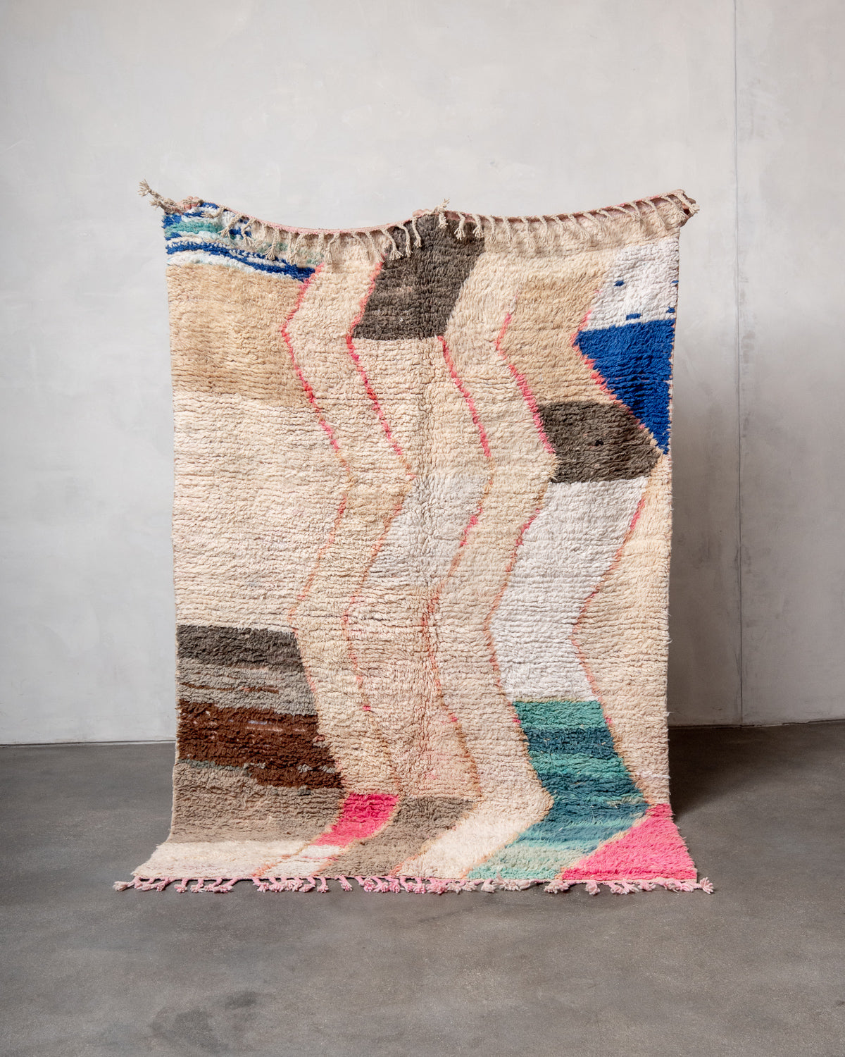 Modern, designer, handcrafted Berber rug from Morocco. Vintage carpet with beautiful colours and patterns and fluffy texture.