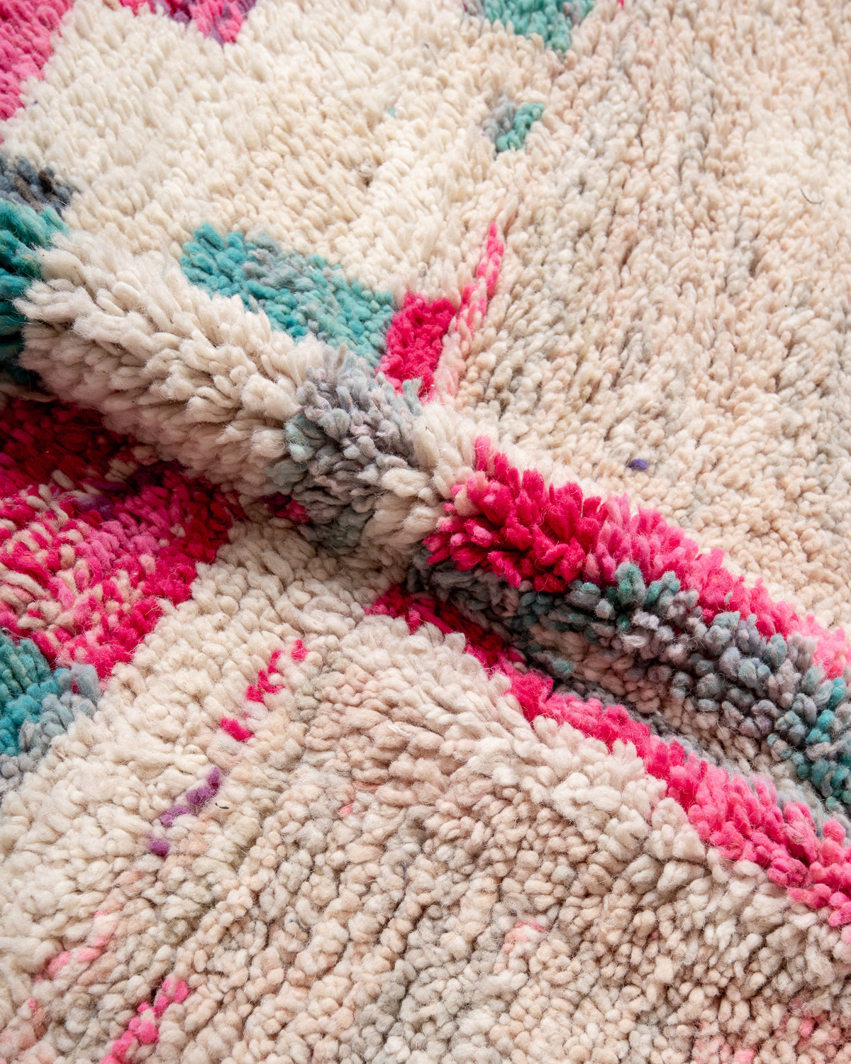 Modern, designer, handcrafted Berber rug from Morocco. Vintage carpet with beautiful colours and patterns and fluffy texture.