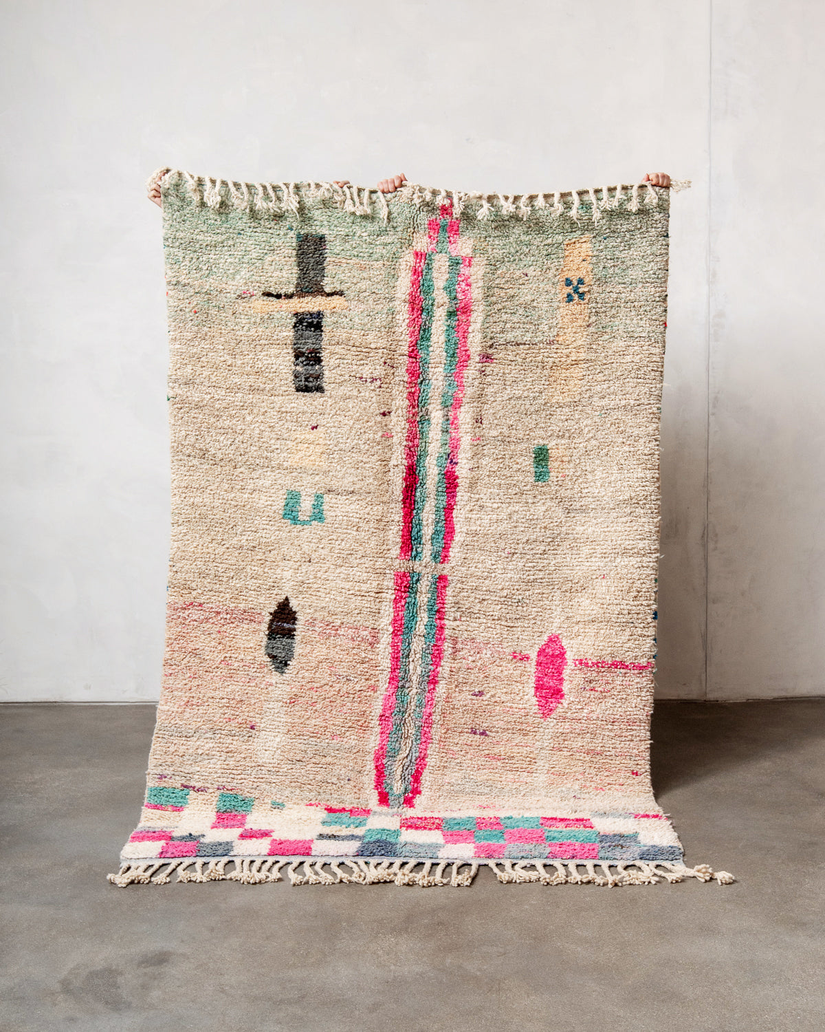 Modern, designer, handcrafted Berber rug from Morocco. Vintage carpet with beautiful colours and patterns and fluffy texture.