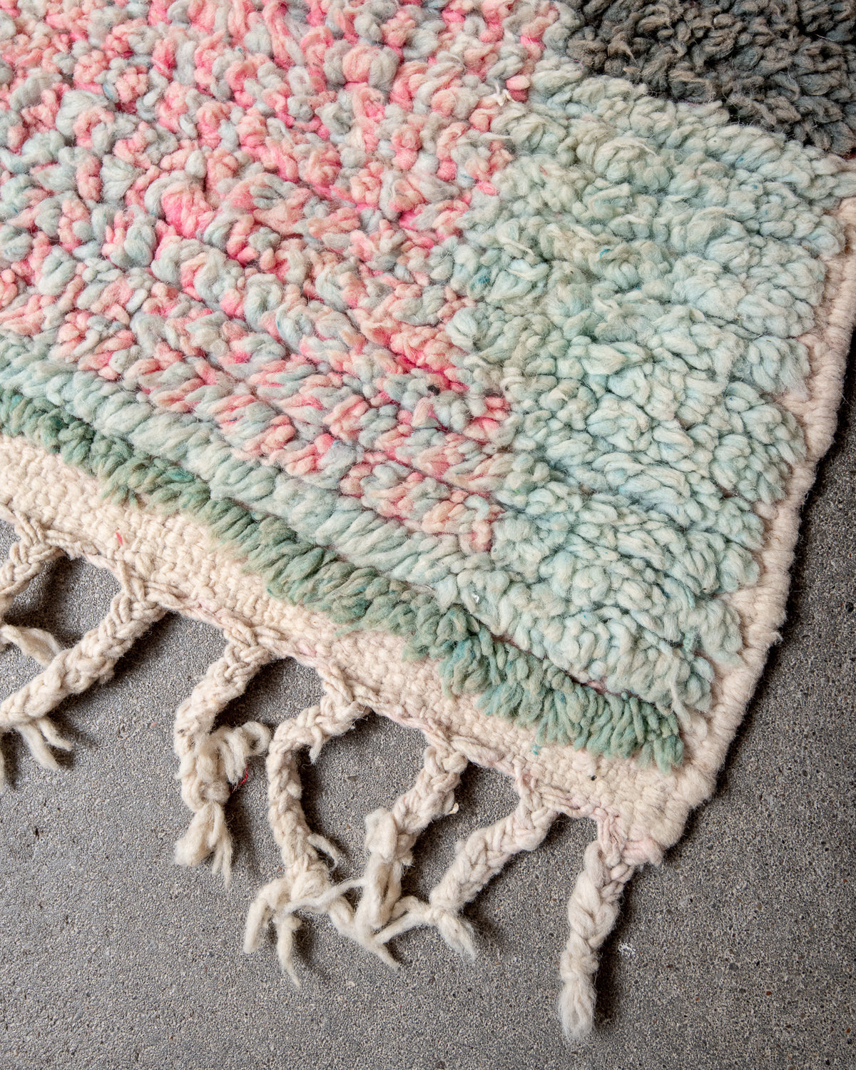 Modern, designer, handcrafted Berber rug from Morocco. Vintage carpet with beautiful colours and patterns and fluffy texture.