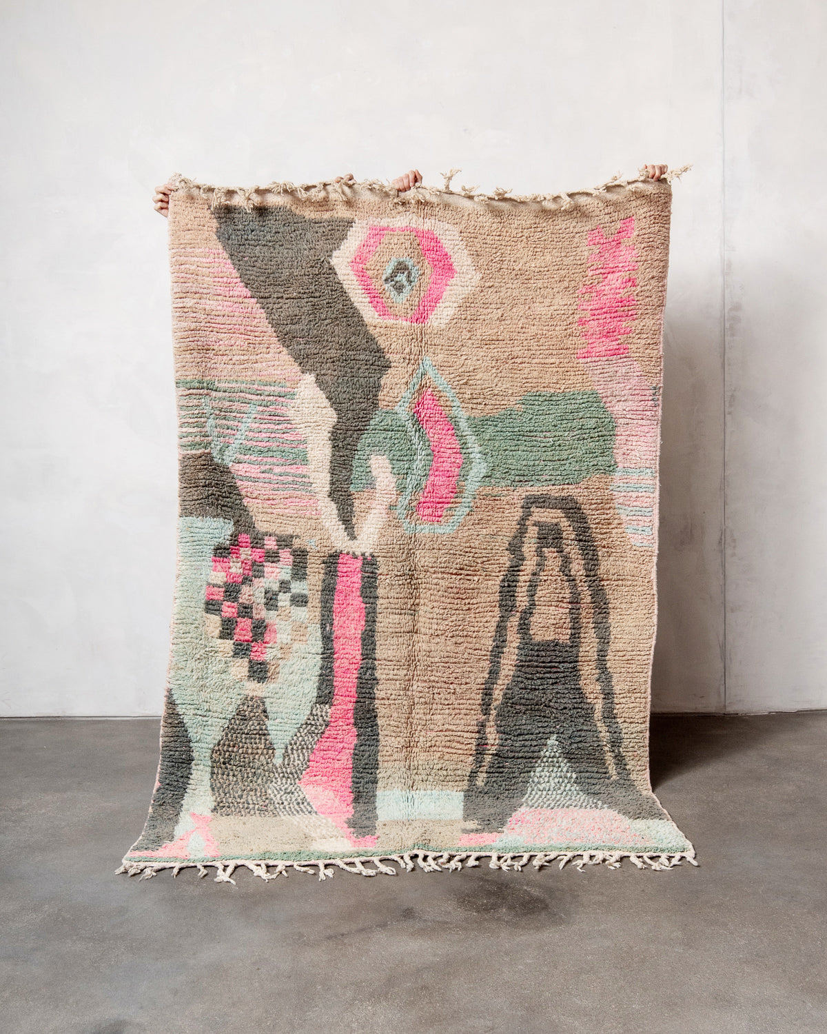 Modern, designer, handcrafted Berber rug from Morocco. Vintage carpet with beautiful colours and patterns and fluffy texture.