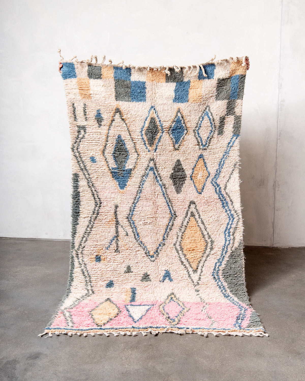 Modern, designer, handcrafted Berber rug from Morocco. Vintage carpet with beautiful colours and patterns and fluffy texture.