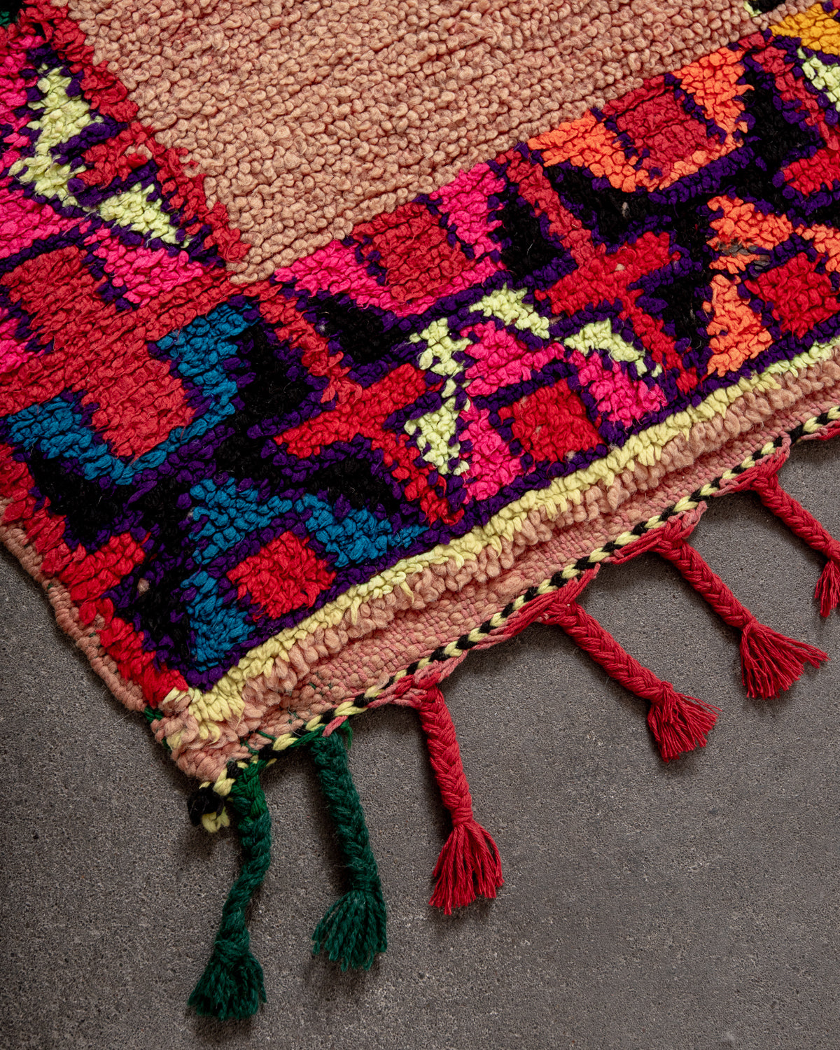 Modern, designer, handcrafted Berber rug from Morocco. Vintage carpet with beautiful colours and patterns and fluffy texture.