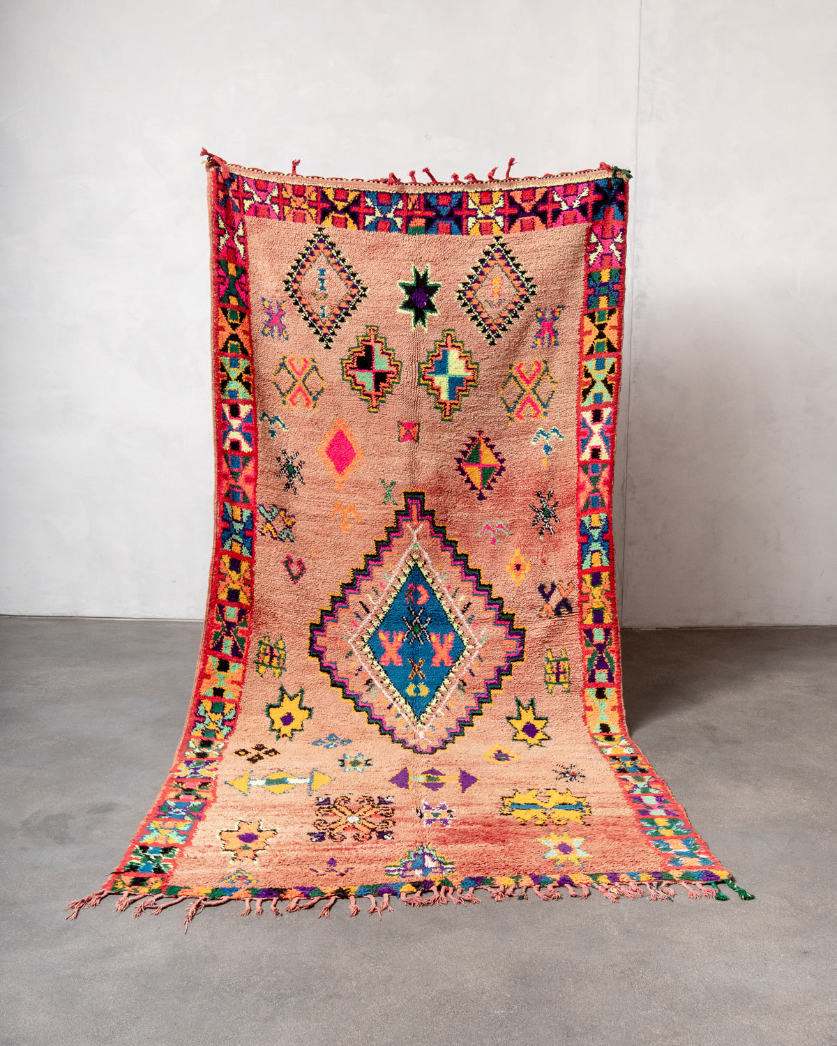 Modern, designer, handcrafted Berber rug from Morocco. Vintage carpet with beautiful colours and patterns and fluffy texture.