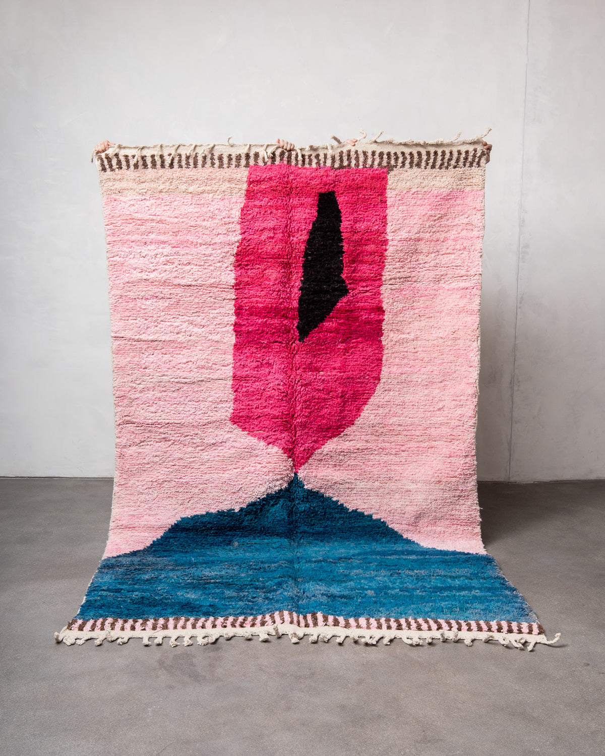 Modern, designer, handcrafted Berber rug from Morocco. Vintage carpet with beautiful colours and patterns and fluffy texture.