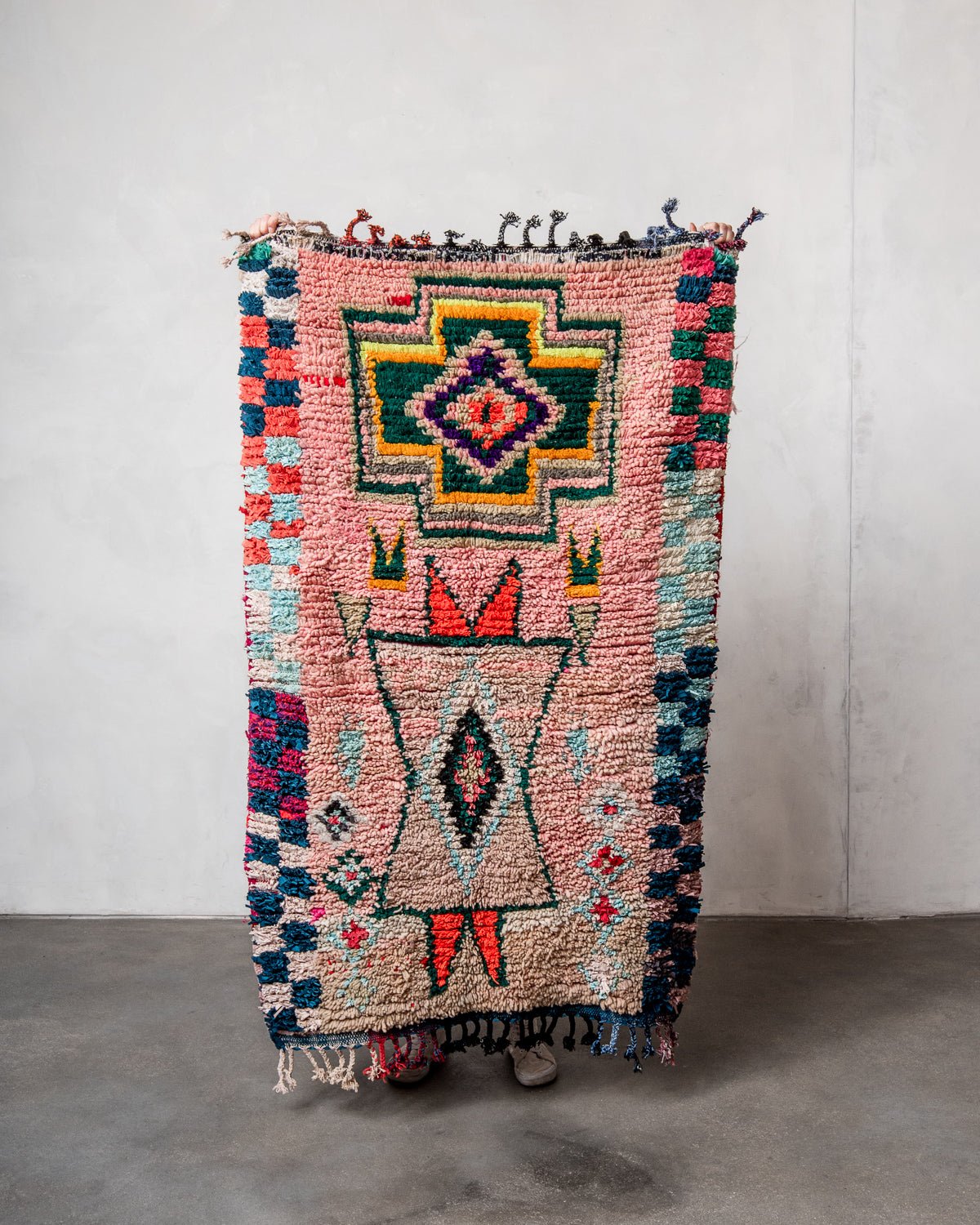 Modern, designer, handcrafted Berber rug from Morocco. Vintage carpet with beautiful colours and patterns and fluffy texture.