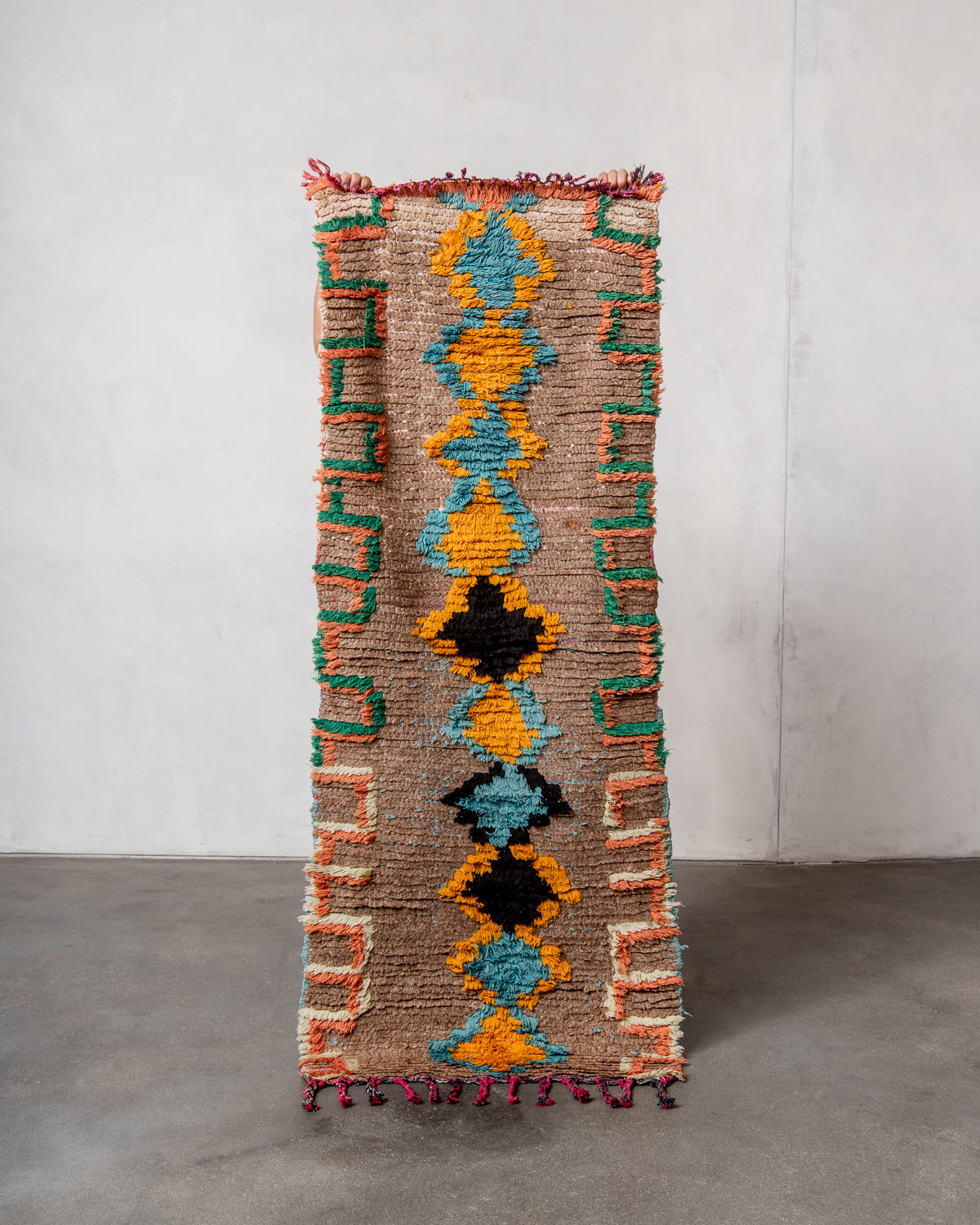 Modern, designer, handcrafted Berber rug from Morocco. Vintage carpet with beautiful colours and patterns and fluffy texture.