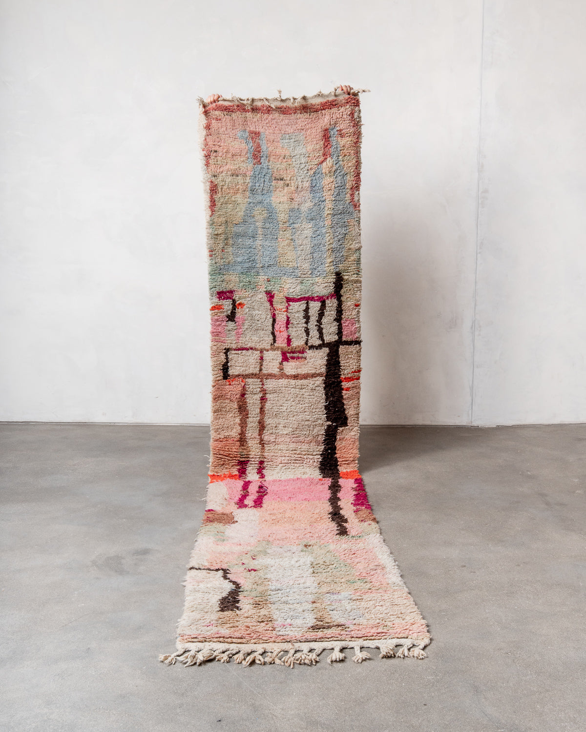 Modern, designer, handcrafted Berber runner rug from Morocco. Vintage carpet with beautiful colours and patterns and fluffy texture.