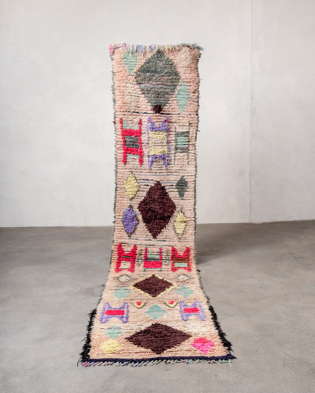 Modern, designer, handcrafted Berber runner rug from Morocco. Vintage carpet with beautiful colours and patterns and fluffy texture.