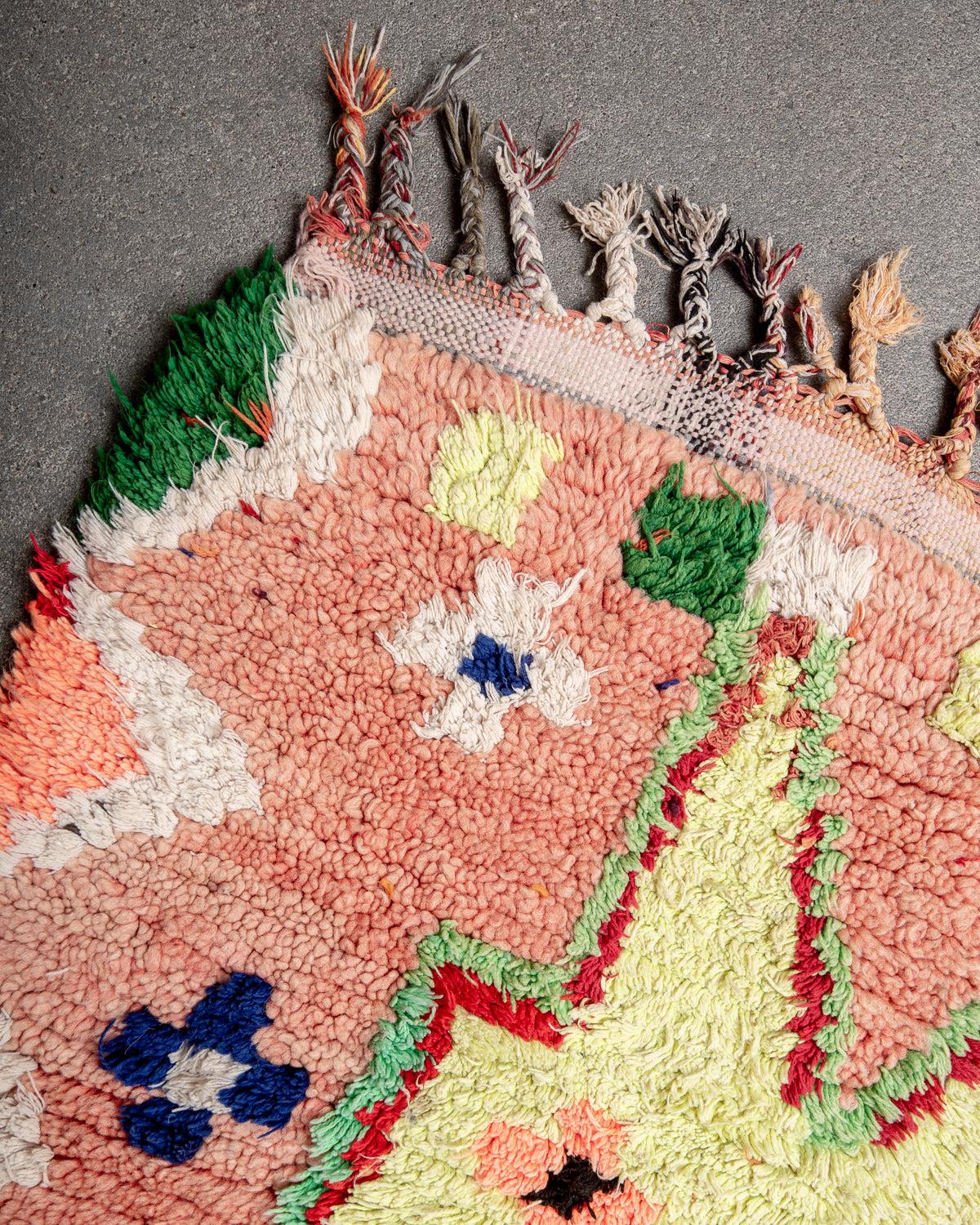 Modern, designer, handcrafted Berber rug from Morocco. Vintage carpet with beautiful colours and patterns and fluffy texture.