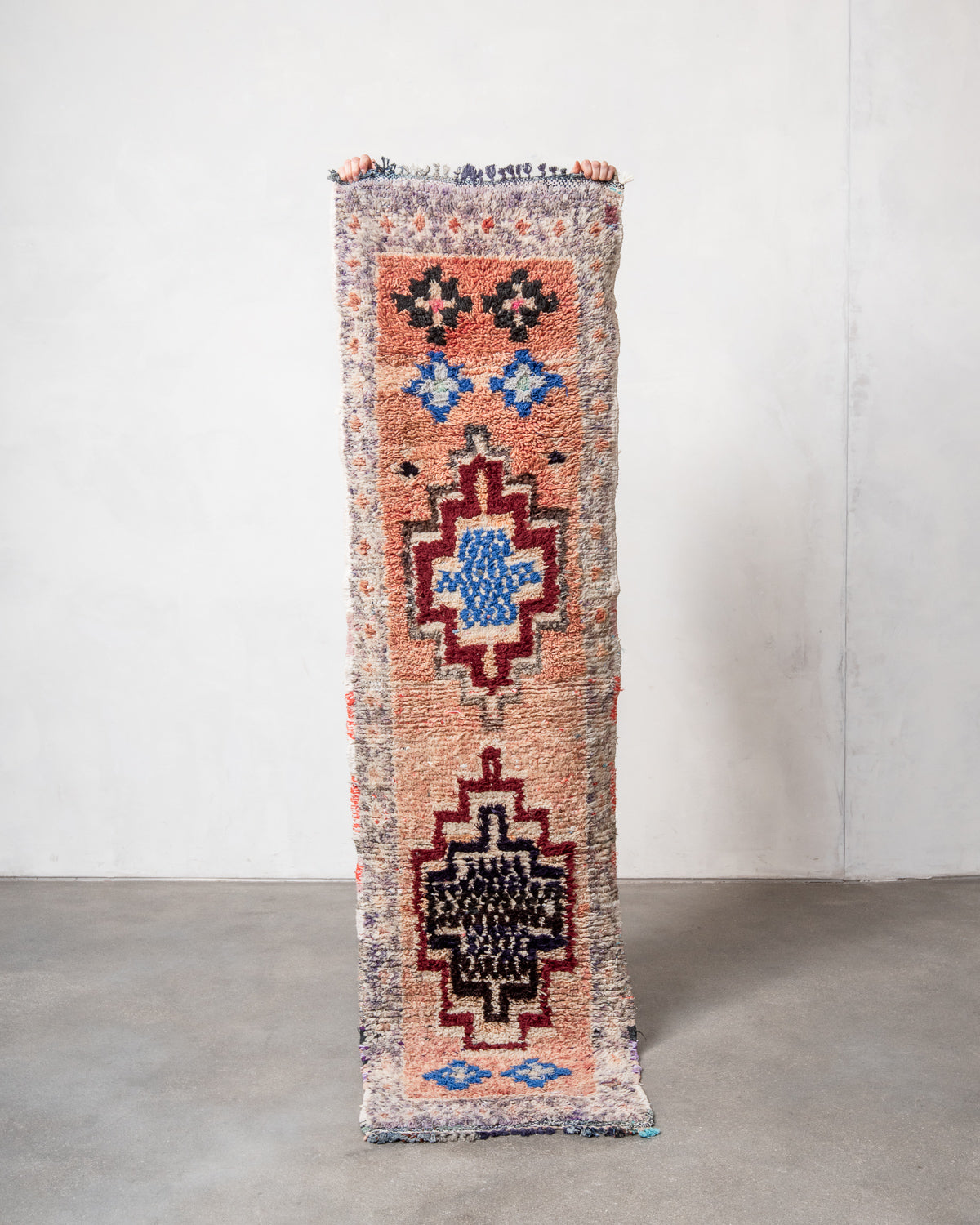 Modern, designer, handcrafted Berber runner rug from Morocco. Vintage carpet with beautiful colours and patterns and fluffy texture.