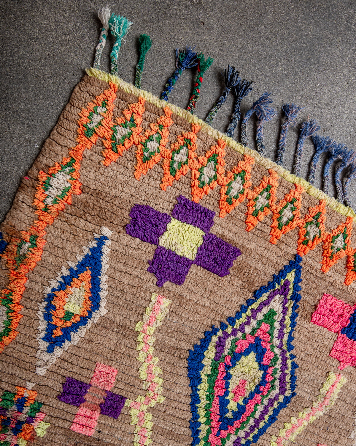Modern, designer, handcrafted Berber rug from Morocco. Vintage carpet with beautiful colours and patterns and fluffy texture.