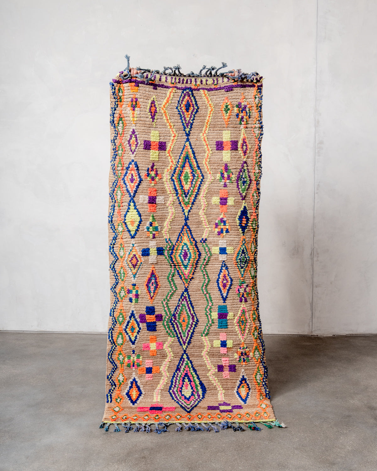 Modern, designer, handcrafted Berber rug from Morocco. Vintage carpet with beautiful colours and patterns and fluffy texture.