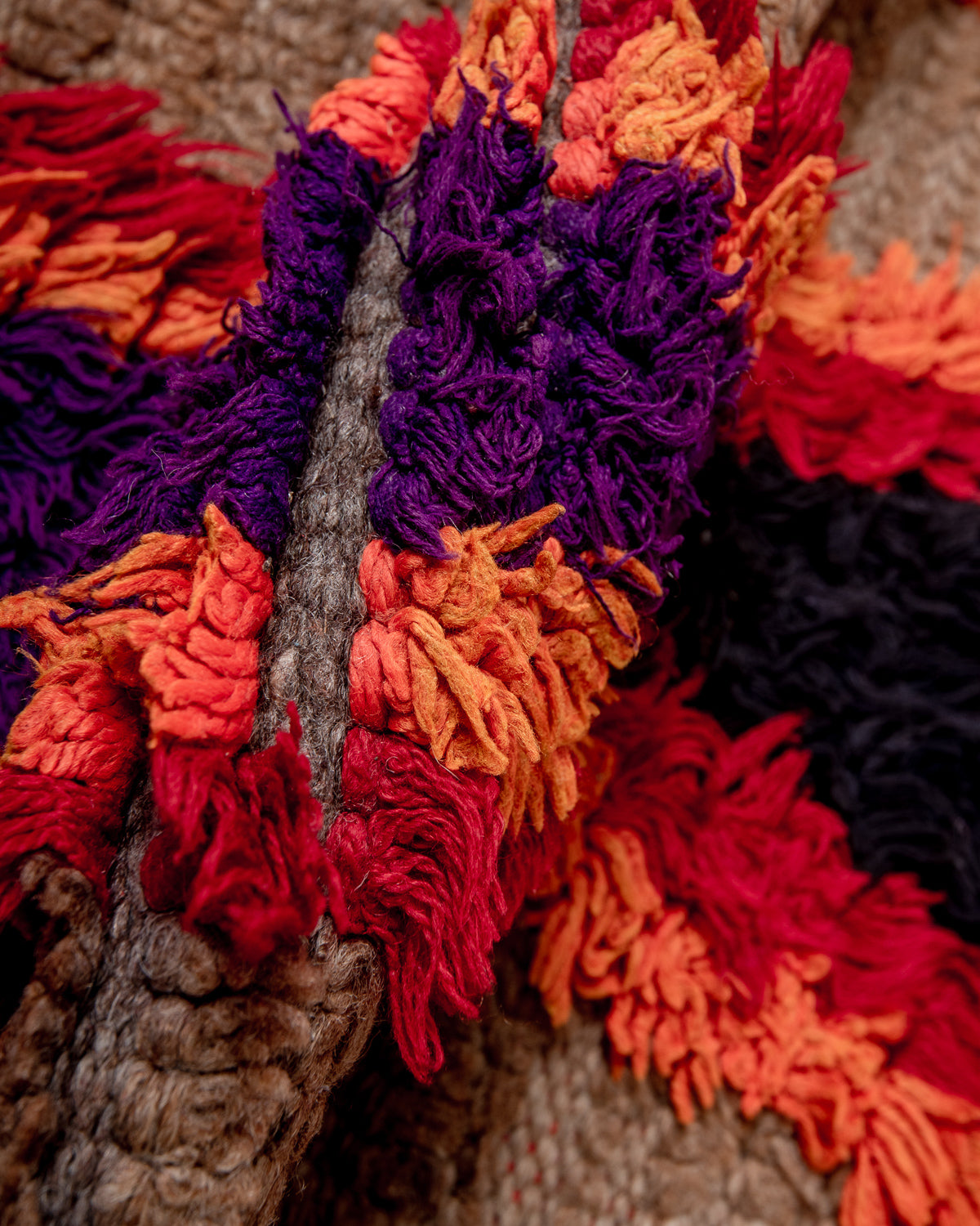 Modern, designer, handcrafted Berber rug from Morocco. Vintage carpet with beautiful colours and patterns and fluffy texture.