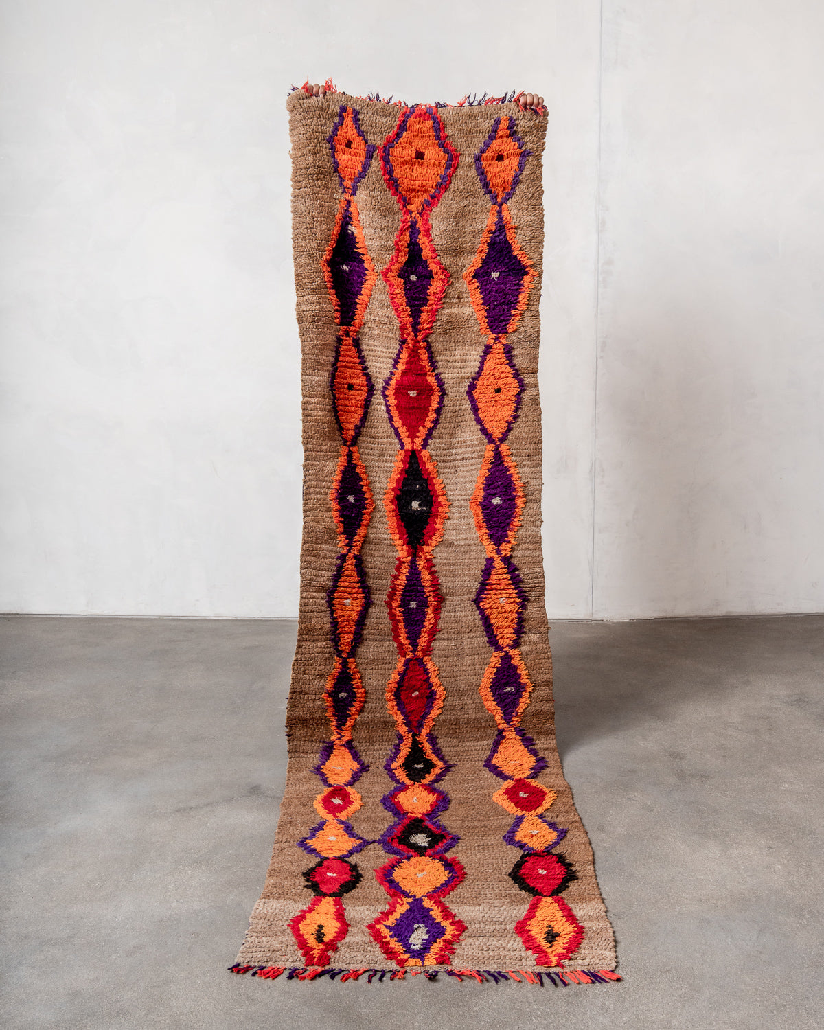 Modern, designer, handcrafted Berber rug from Morocco. Vintage carpet with beautiful colours and patterns and fluffy texture.