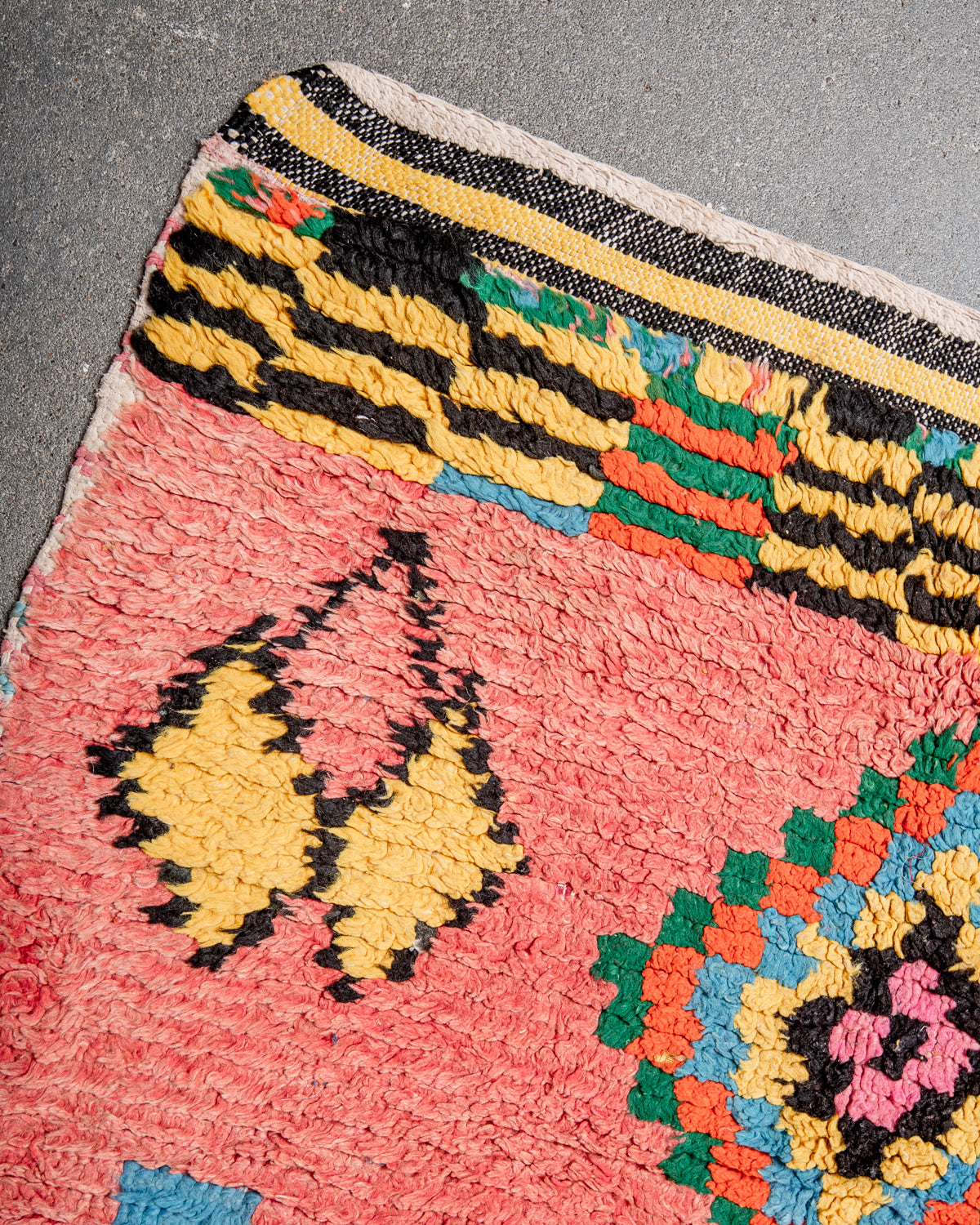 Modern, designer, handcrafted Berber rug from Morocco. Vintage carpet with beautiful colours and patterns and fluffy texture.