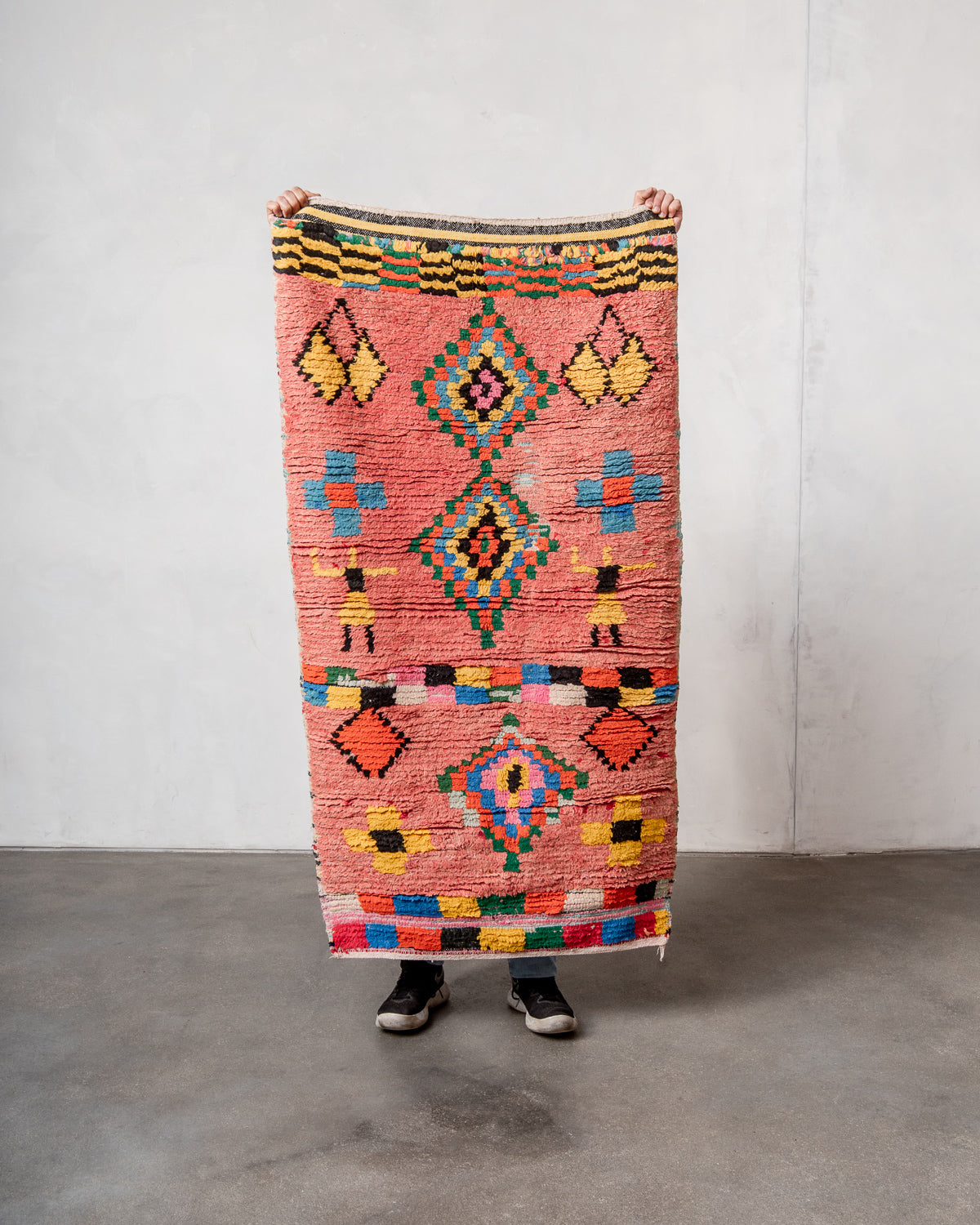 Modern, designer, handcrafted Berber rug from Morocco. Vintage carpet with beautiful colours and patterns and fluffy texture.