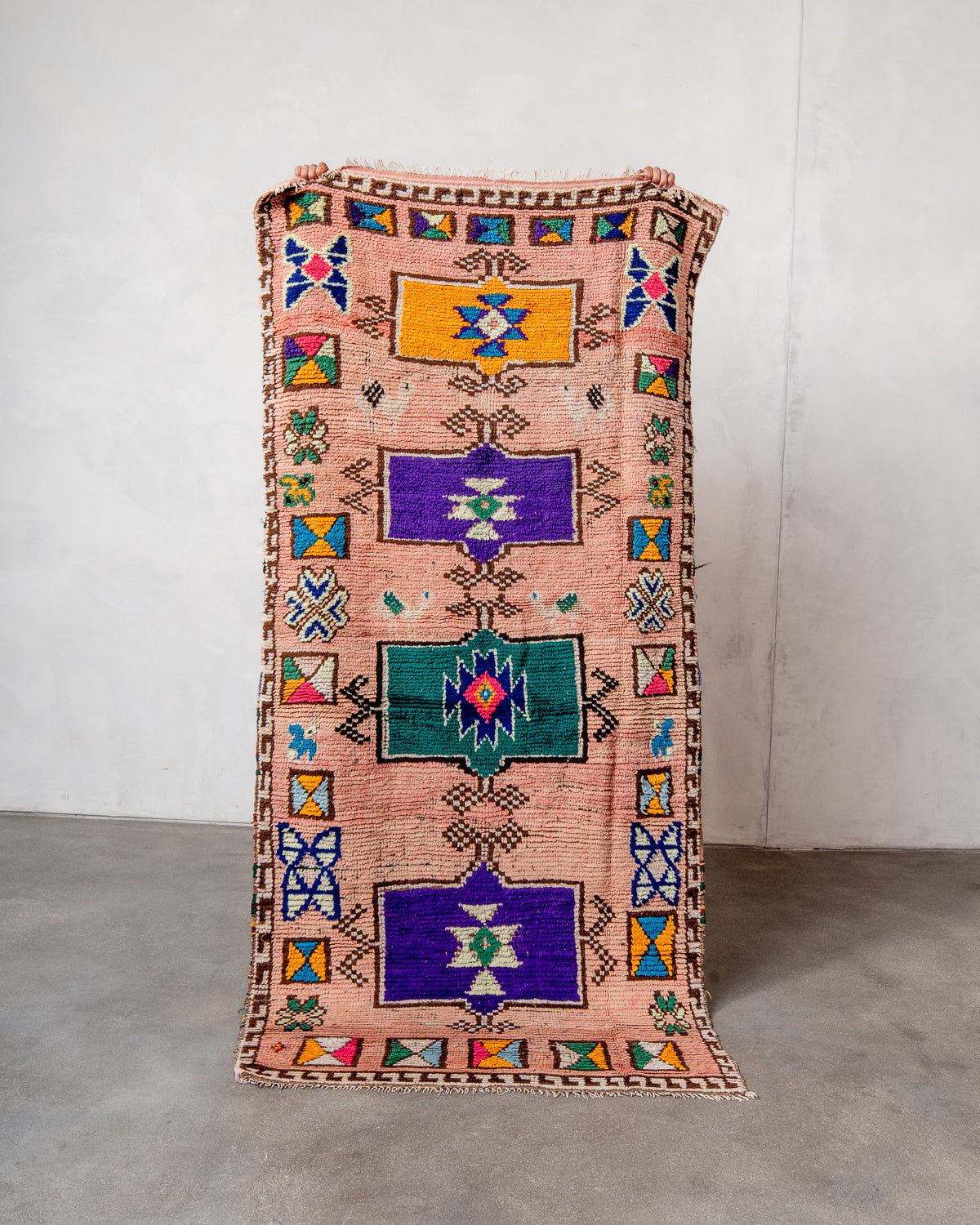 Modern, designer, handcrafted Berber rug from Morocco. Vintage carpet with beautiful colours and patterns and fluffy texture.