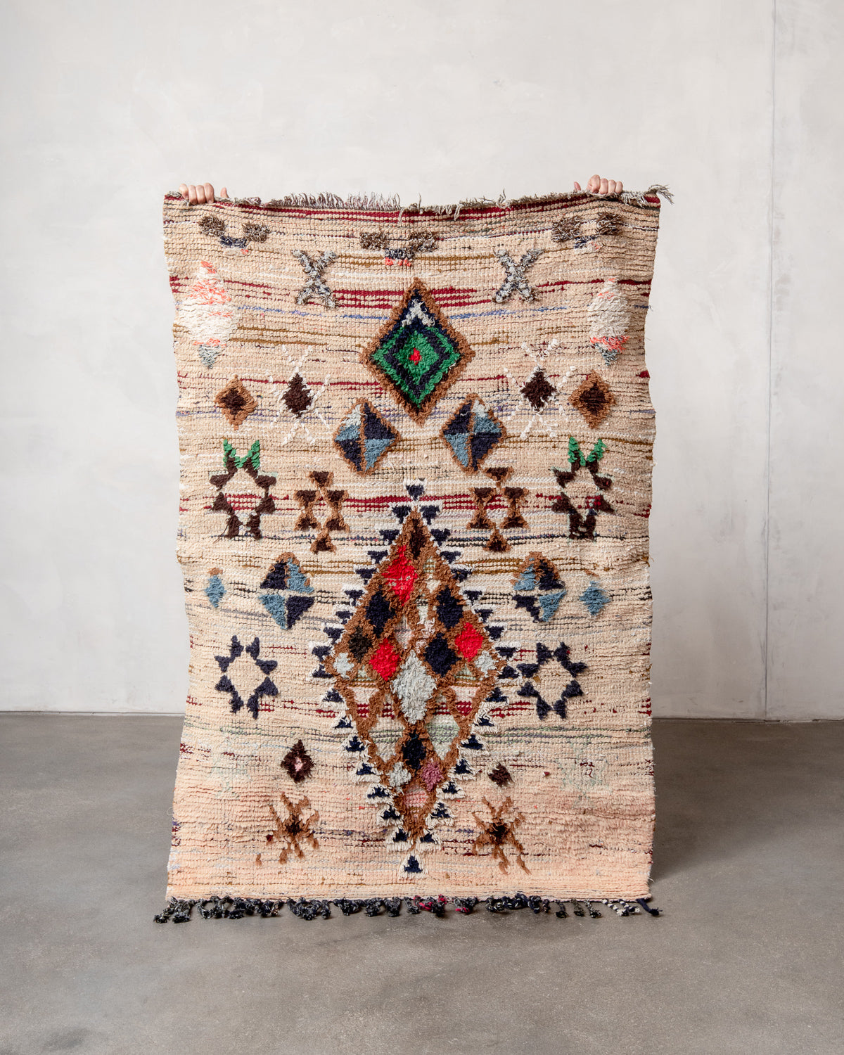 Modern, designer, handcrafted Berber rug from Morocco. Vintage carpet with beautiful colours and patterns and fluffy texture.